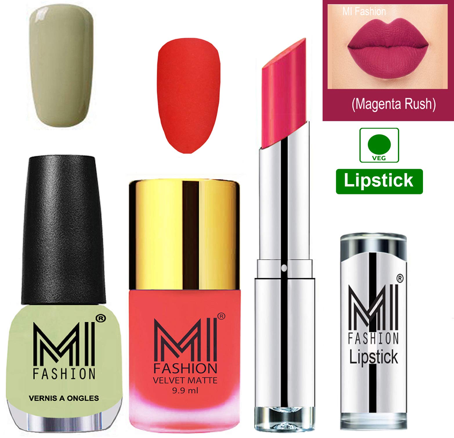 MI Fashion Combo Kit for Girls Nail Polish and Lipstick Combo - Neon Orange Matte Nail Polish,Mischievous Mint Shine Nail Polish and Magenta Lipstick Set of 3-image-8