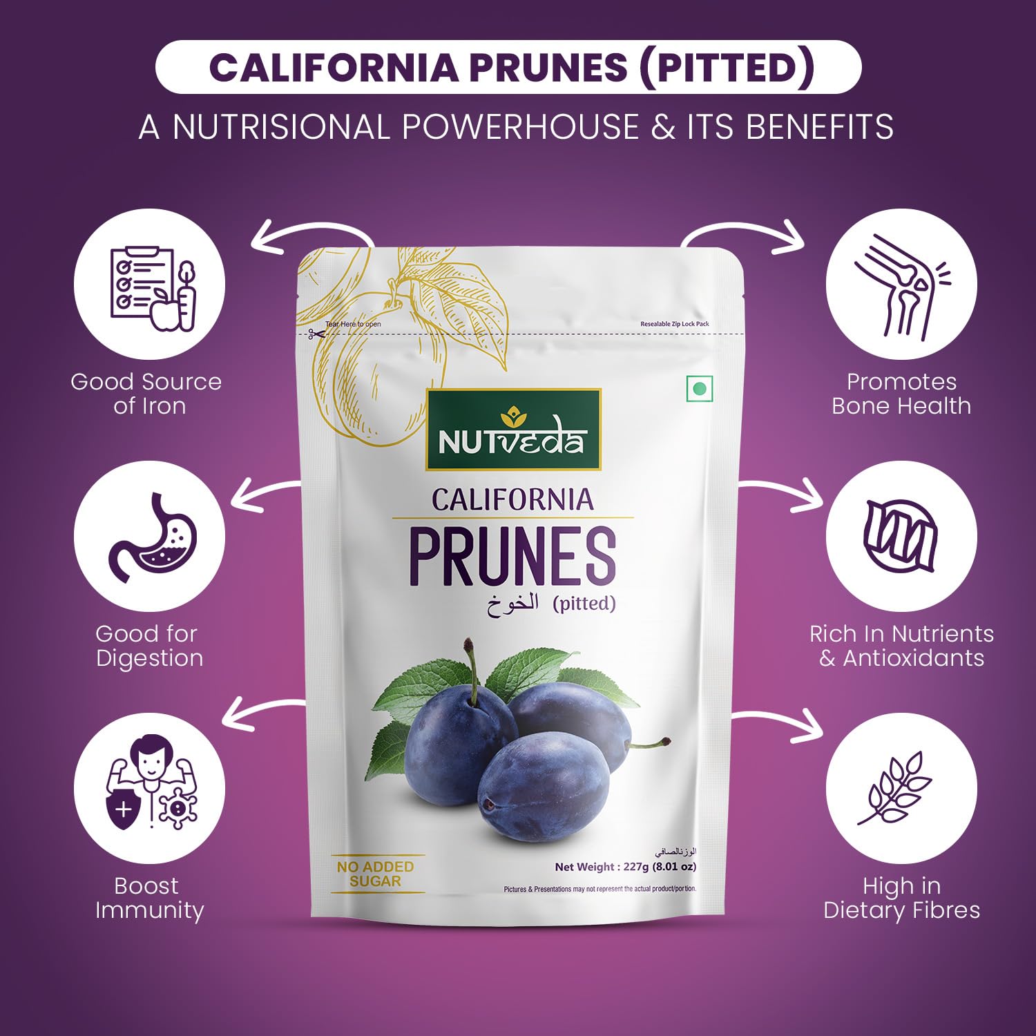 NUTVEDA Premium California Prunes (Pitted) 227g - Dried Plum | High in Antioxidants, Vitamin C,A,B6 & Dietary Fiber | Vegan- Cruelty Free - Image 4 thumbnail