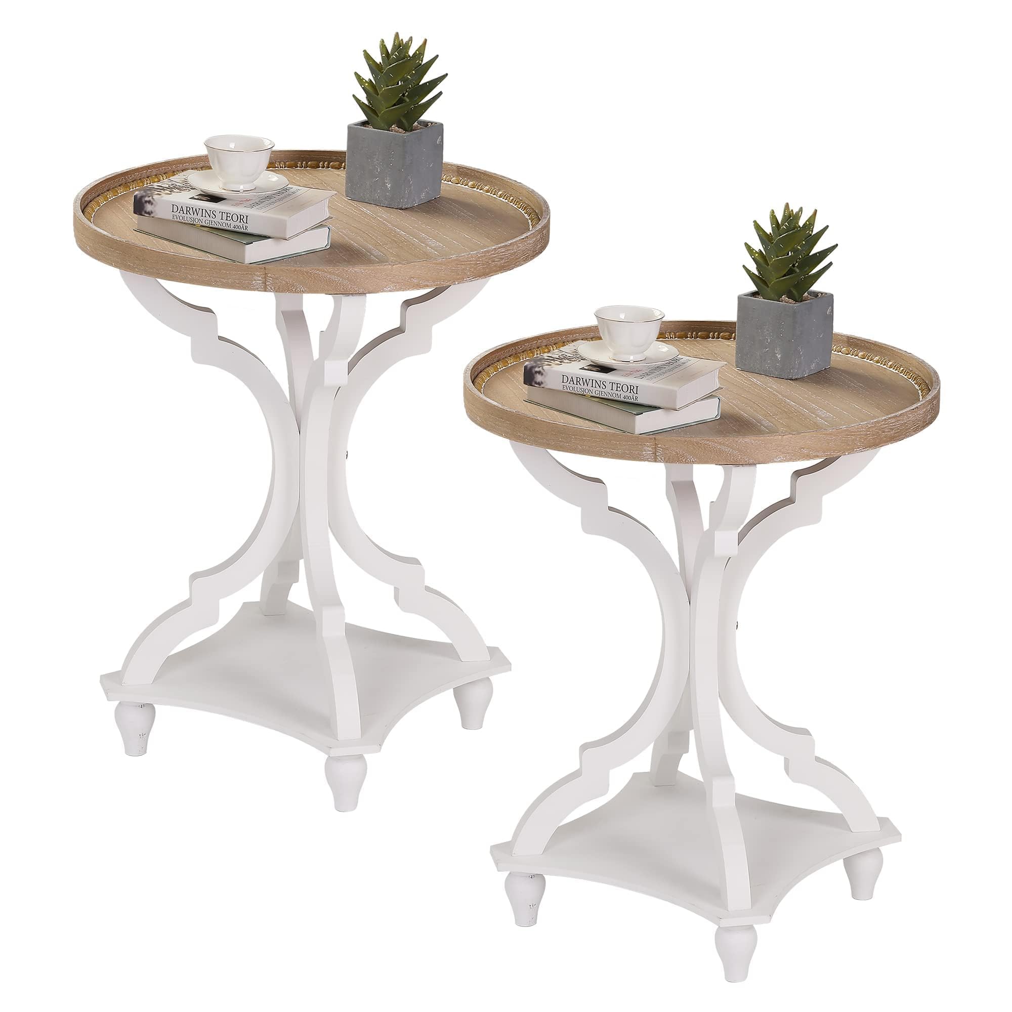 Wnutrees Farmhouse Round Accent End Table, Rustic Side Table Nightstands for Living Room, Wood Tray Top, Handcrafted Finish, Set of 2, White