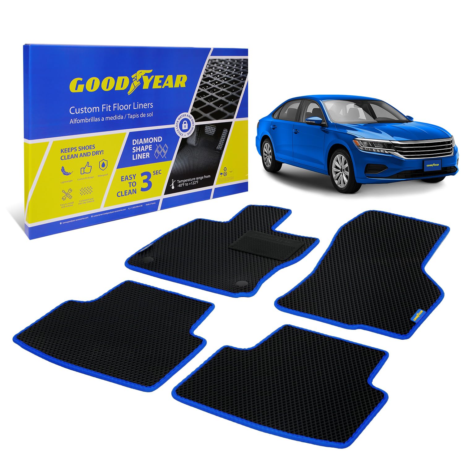 Goodyear All-Weather Car Floor Mats Custom Fit for Volkswagen VW Passat 20-22 4 Pc Set Heavy-Duty Diamond Floor