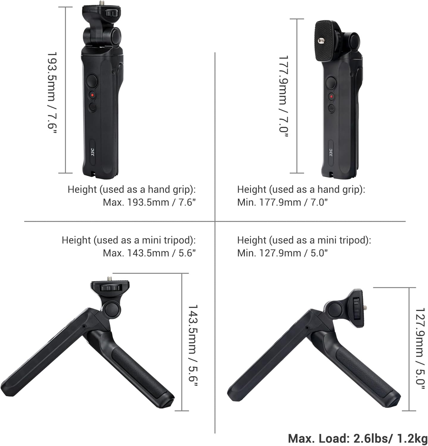 Diagram showing the dimensions of the shooting grip in both handheld and tripod modes
