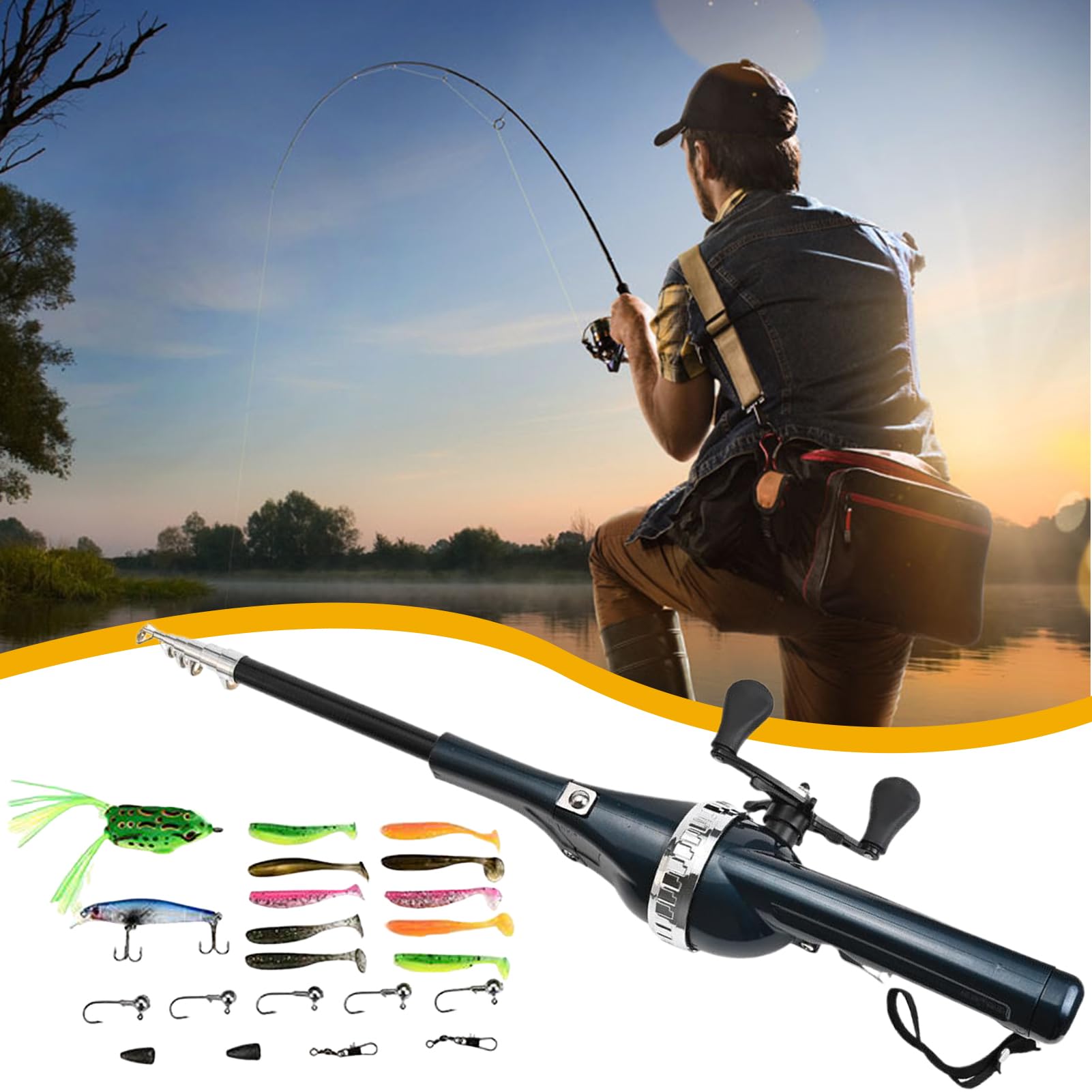 Equipo de pesca telescópica con aparejos y accesorios diversos