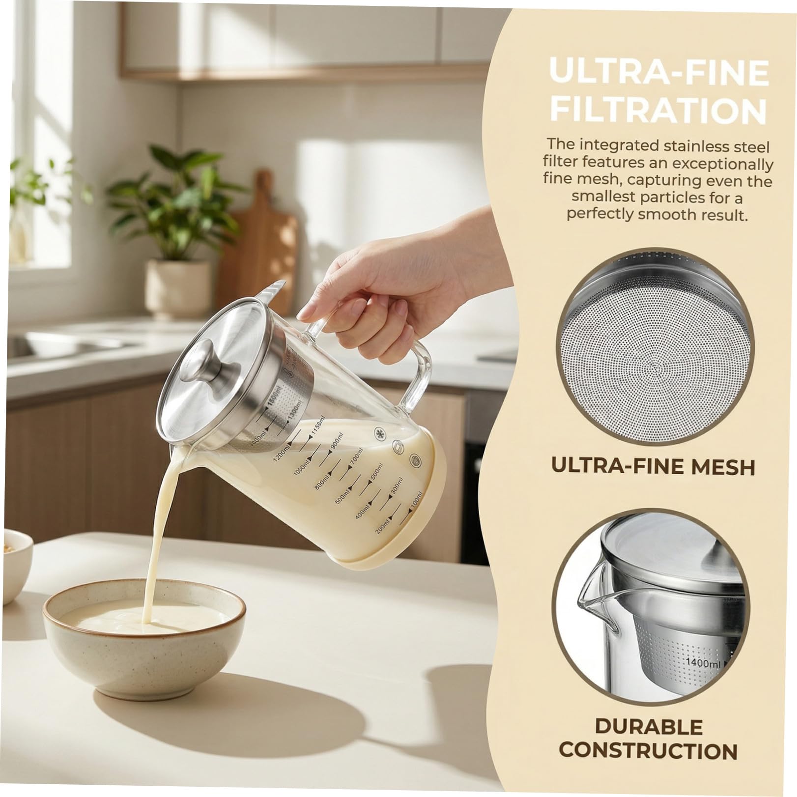 Homoyoyo Caraffa Filtrante in Vetro e Acciaio Inox per Latte di Soia e Succo Filtro Rete Fine da Cucina