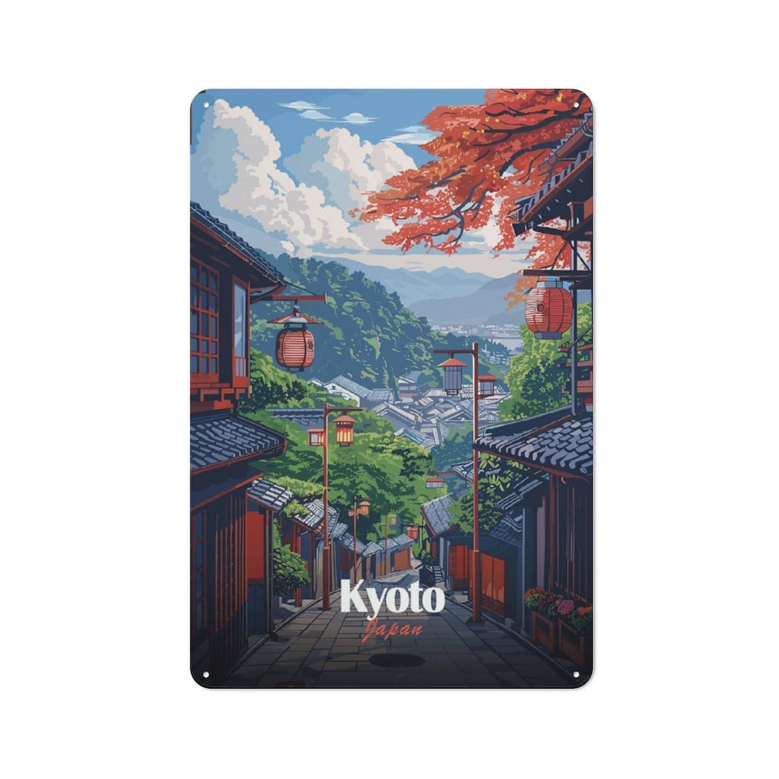 Junmoney Style-19 30X20cm Retro Tin Sign With Kyoto Japan Street View Illustration For Lounge Or Reading Corner, A Decorative Metal Sign For Lounges And Reading Corners