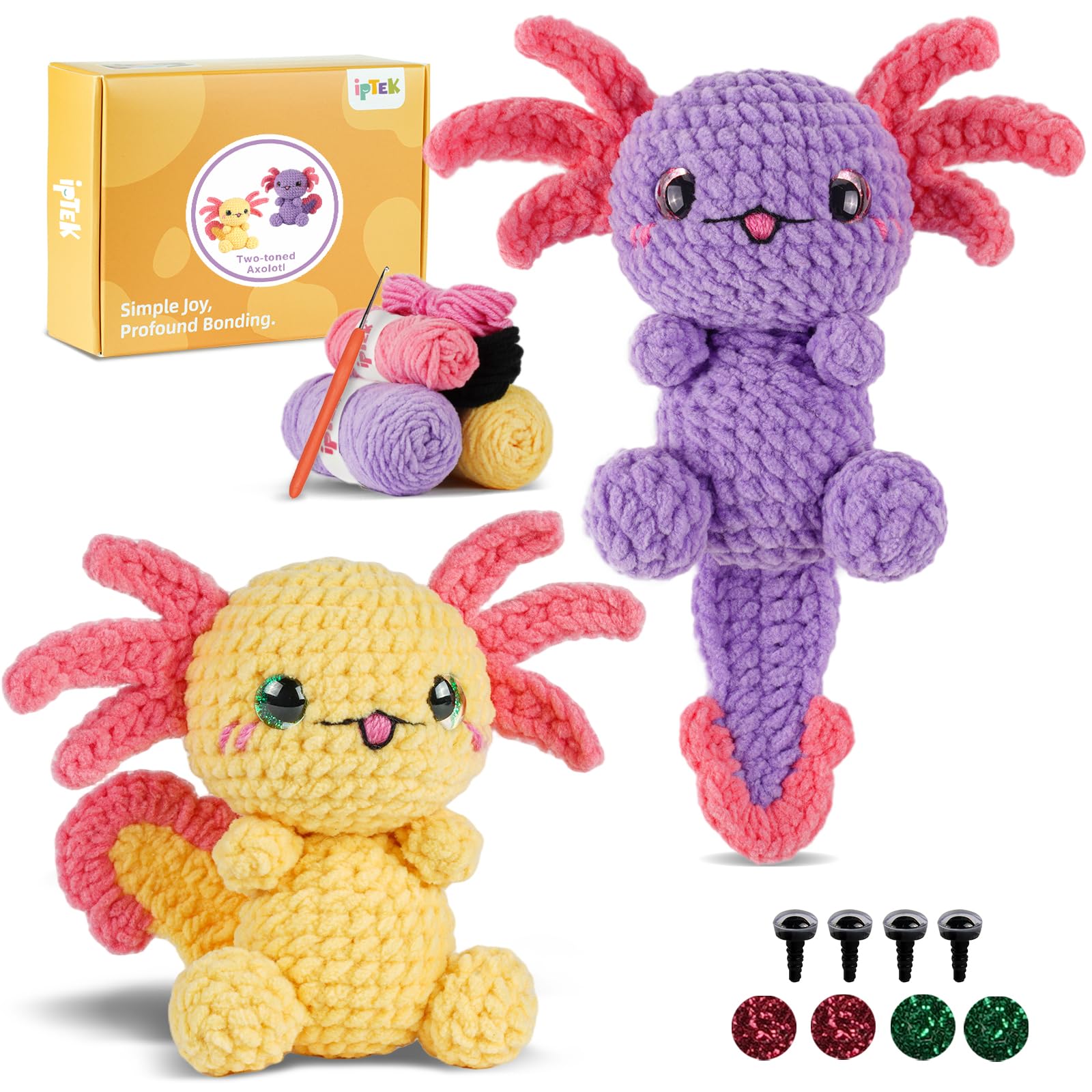 iptek Crochet Kit for Beginners, Crochet Animal Kits,Crocheting Kit for Starters with Step-by-Step Video Tutorials, Beginner Crochet Kits for Adults(2 Pack Axolotl)