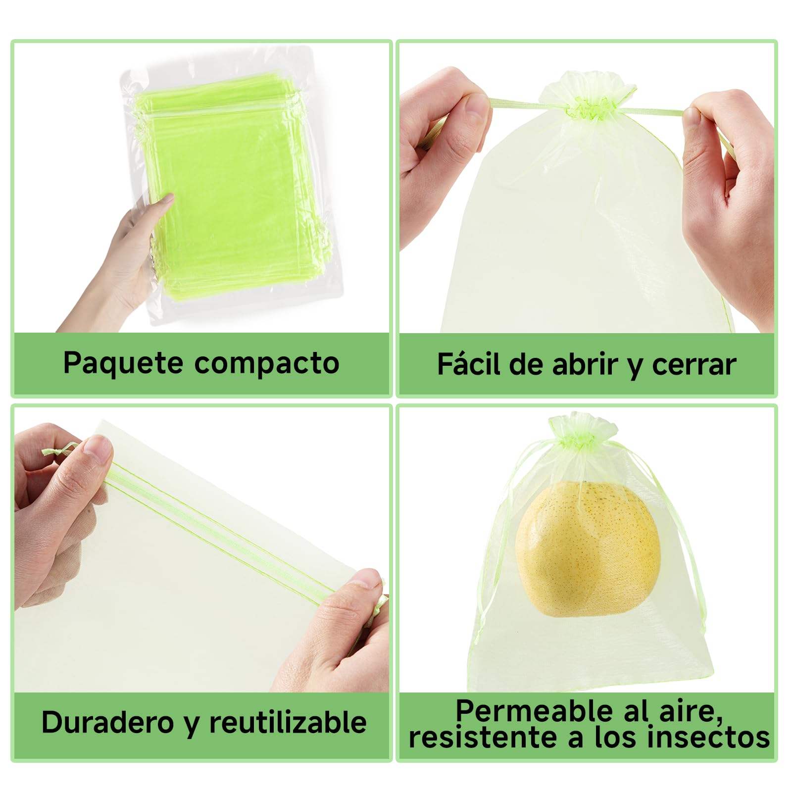 50 Bolsas Protectoras para Uvas con cordón de 15×20 cm, Bolsas de Fruta Reutilizables de Organza en Malla Verde, Red antipájaros para el huerto
