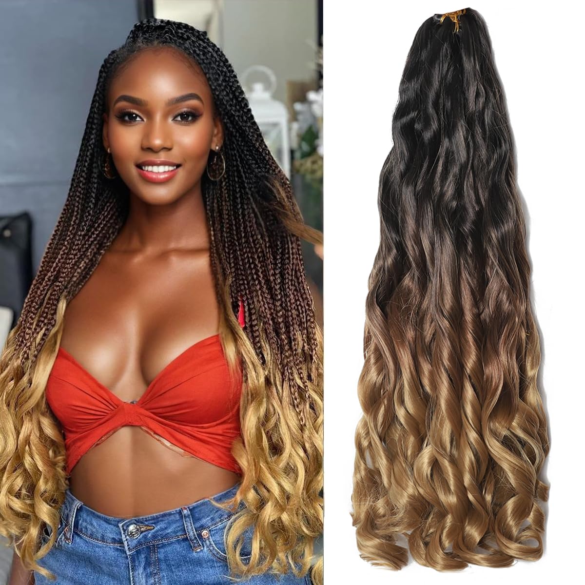 French Curl Braiding Hair 24 Inch 8 Packs Pre Stretched Loose Wave Bouncy Braiding Hair Spanish Curly Ends Synthetic Hair Extensions for Braiding(1B/30/27)
