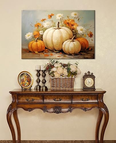 Miniatura 3 de GLOKAKA Arte de pared de calabazas de otoño y otoño, arte rústico de otoño, pintura al óleo vintage de Acción de Gracias, impresiones estiradas y