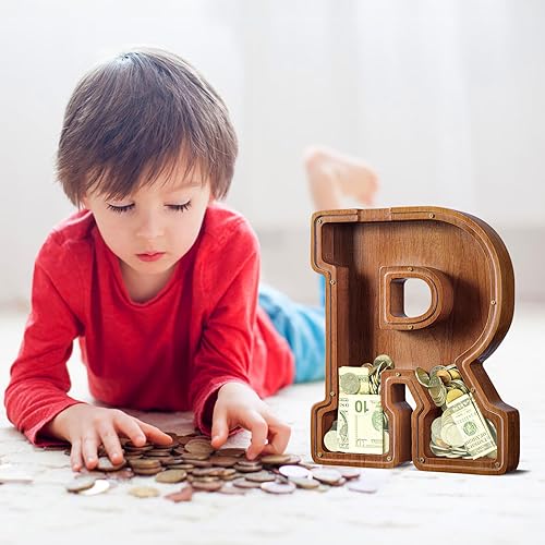 Miniatura 345 de SummiDate Alcancía de madera con nombre, niños y niñas, tamaño grande, letras alfabeto A-Z, monedas y billetes, inicial en cubierta transparente