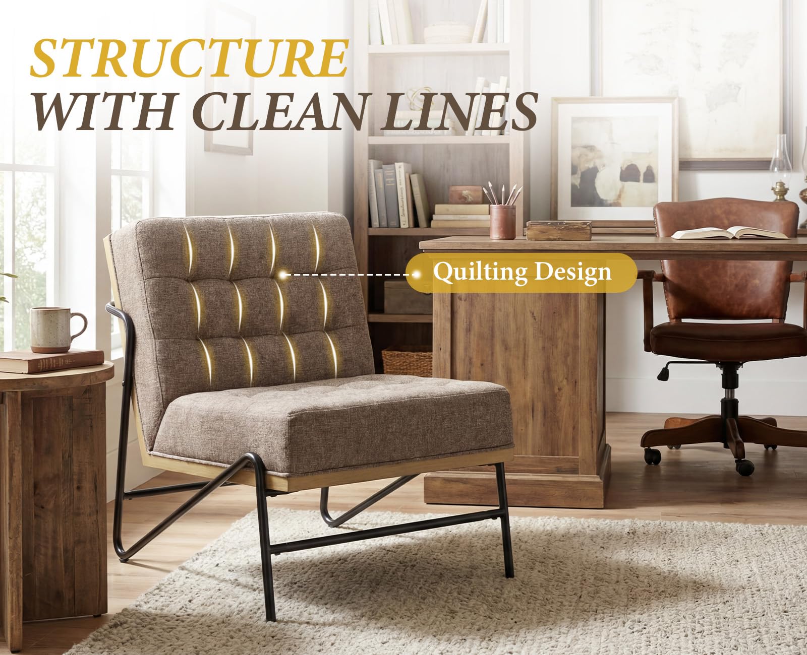 chairus Moderner Akzentstuhl aus Leinen mit Metallbeinen, gepolsterter Loungesessel für Wohnzimmer/Schlafzimmer/Leseecke, Mokka-Braun