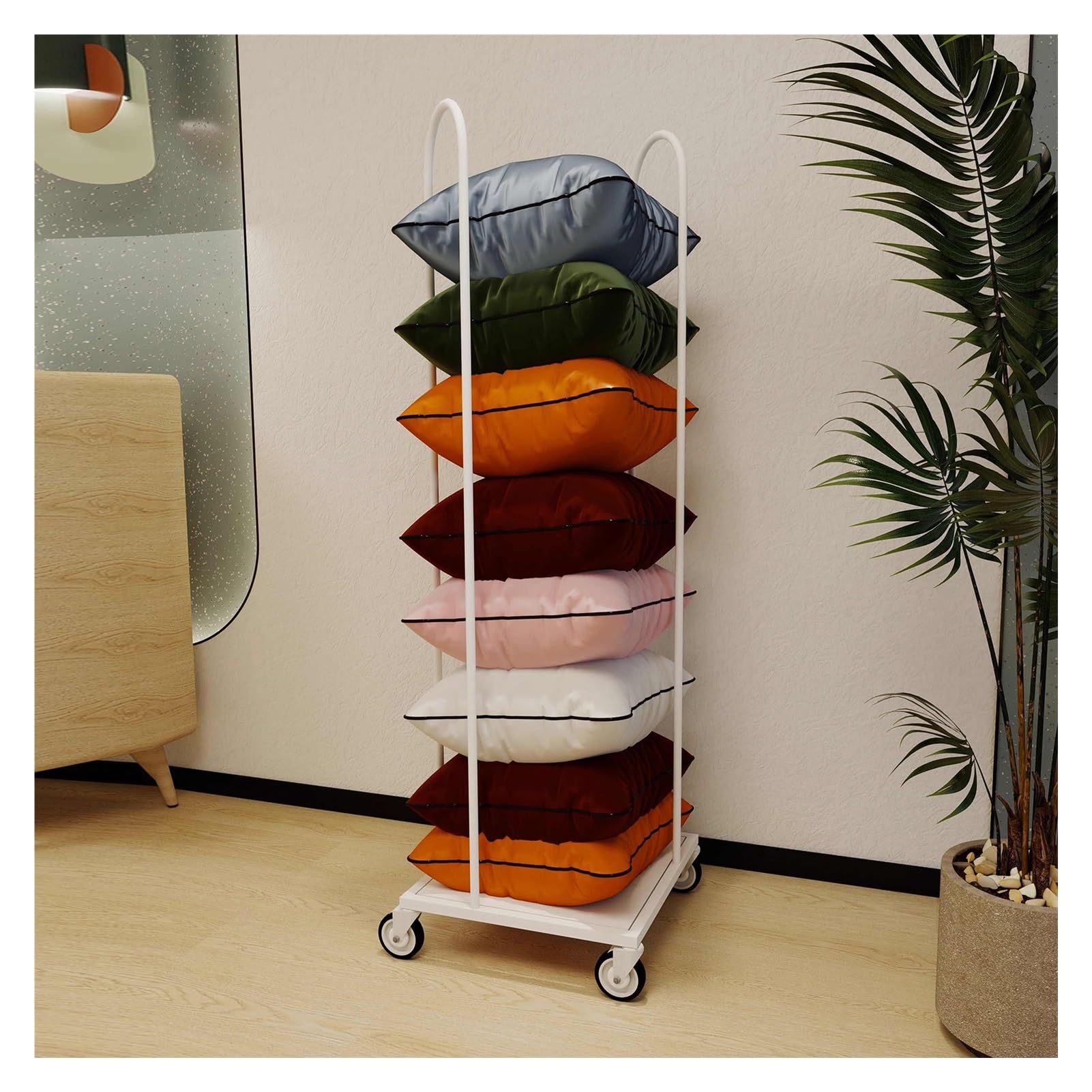 Support de rangement roulant oreillers pour présentation décorative maison