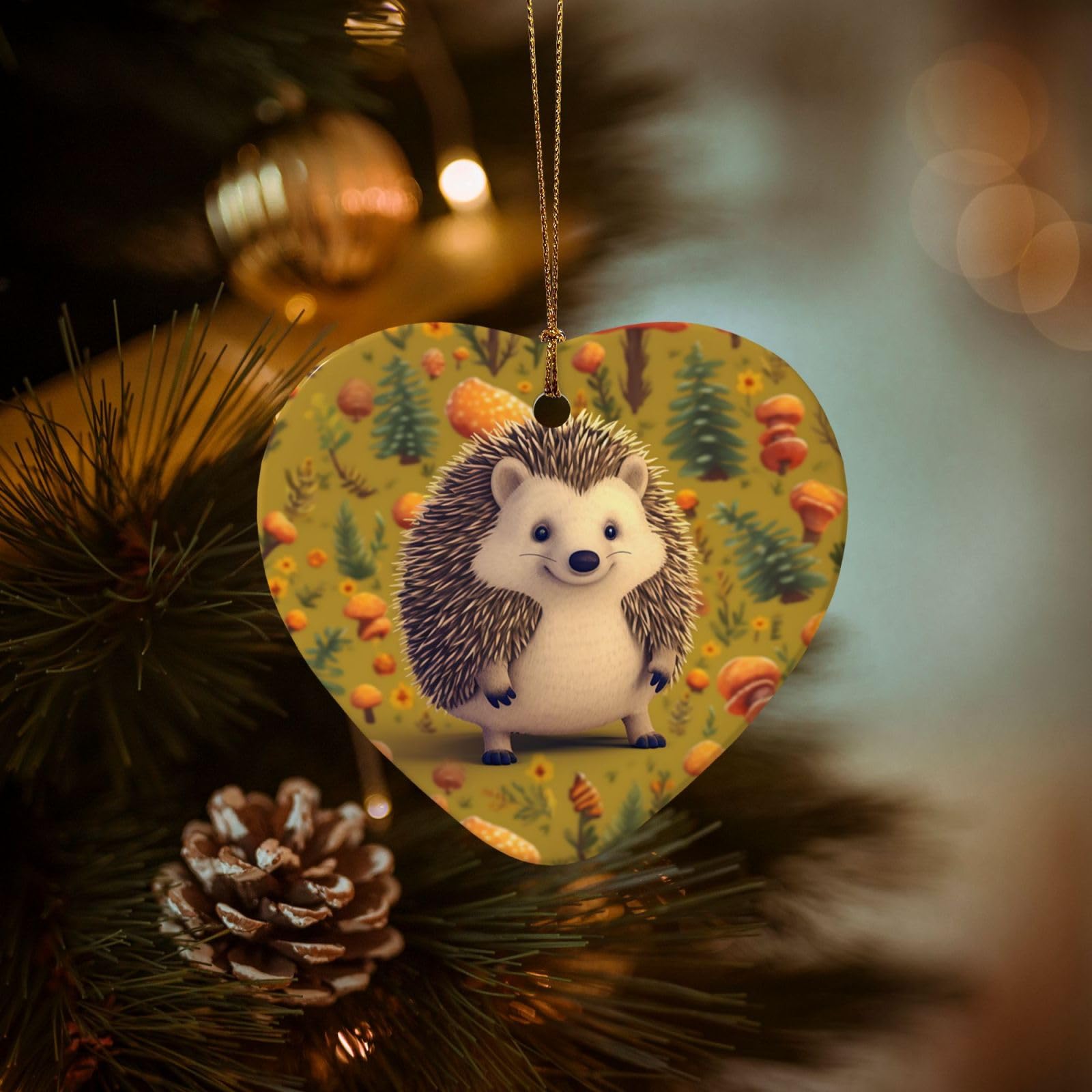 Christmas Ornaments for Christmas Tree Decoration Hanging Hedgehog Ornament with Gold Ribbon Crafts Heart Shape Ceramic Pendant for Keepsake Gifts Xmas Decor Party Supplies