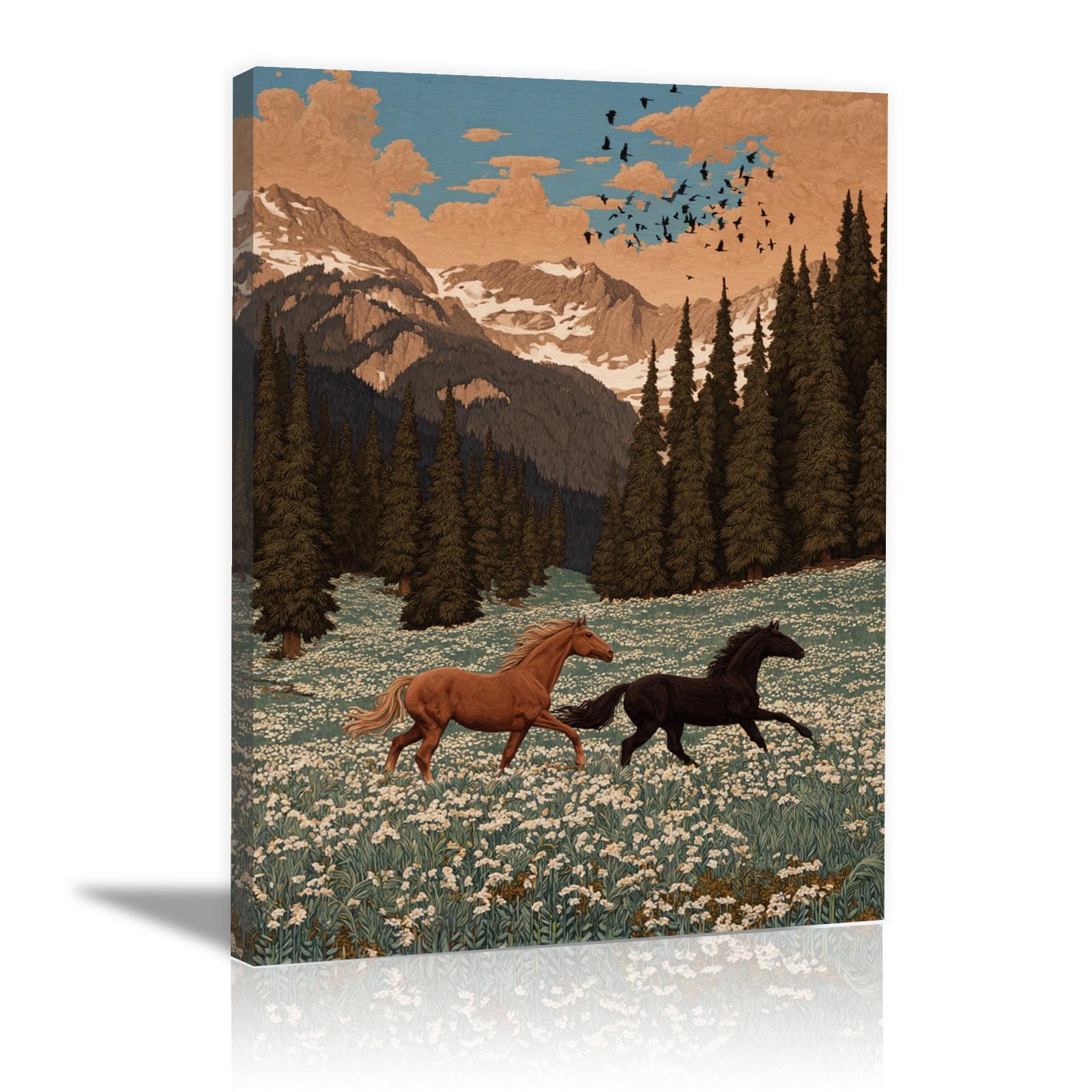 TERUEA Funny Animal Bathroom Canvas Wall Art Two Running Horses Wildflower Meadow Snow Mountain Pine Forest (Brown)-30x45cm Framed