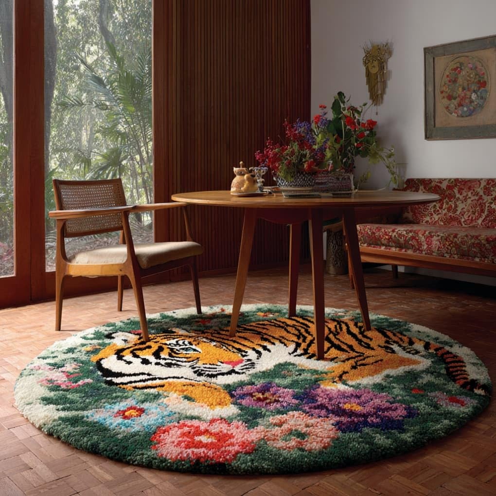 kitphoenix DIY Latch Hook Rug Kits Tiger Easy for Beginners Round Carpet Crochet Yarn Craft Large Rug Hook and Latch Tapestry for Home Decor 50X50Cm