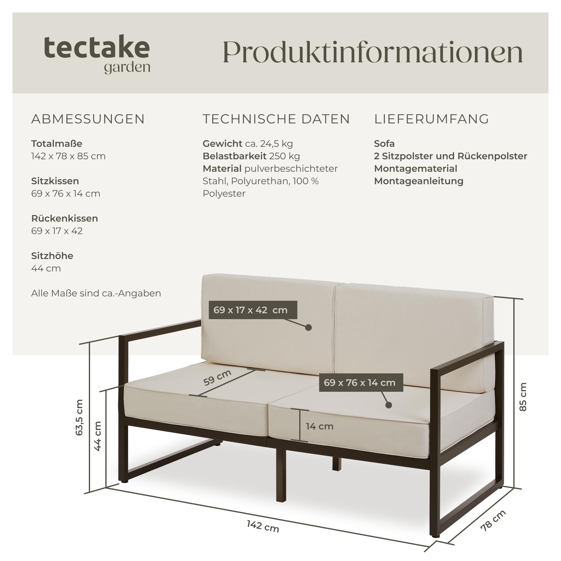tectake® Garten Lounge Sofa 2 Sitzer, Couch, Gartenmöbel, Balkonmöbel, Terrassenmöbel, Wintergarten Lounge Möbel Outdoor, Gartenbank wetterfest, Sitzbank mit Lehne, Gartenlounge - 2 Sitzplätze