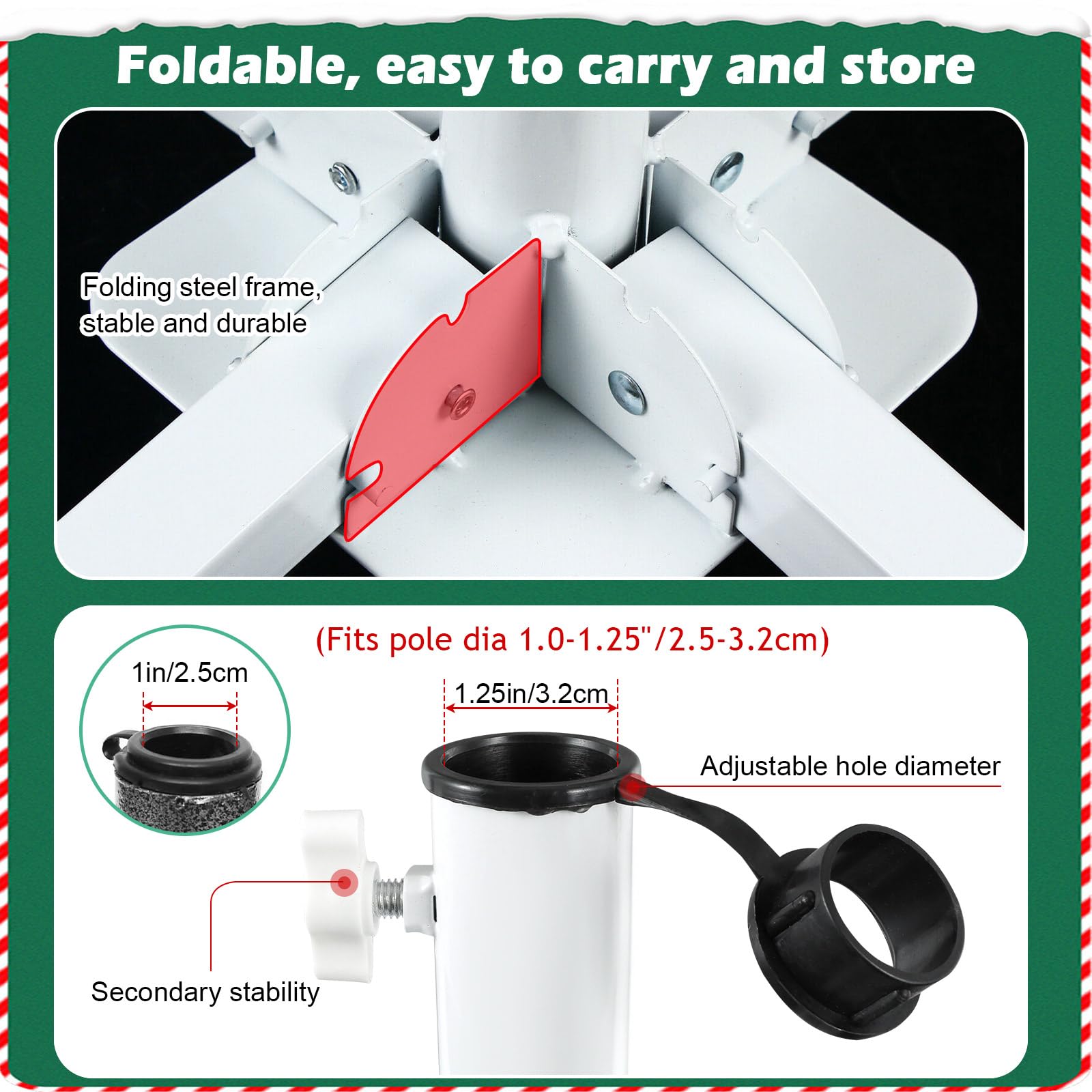 MaxAwe Base pliable pour sapin de Noël en métal pour arbres artificiels de 1,8 à 3 m, support de base en croix blanche robuste pour décoration de fête à la maison (3,2 cm de diamètre)