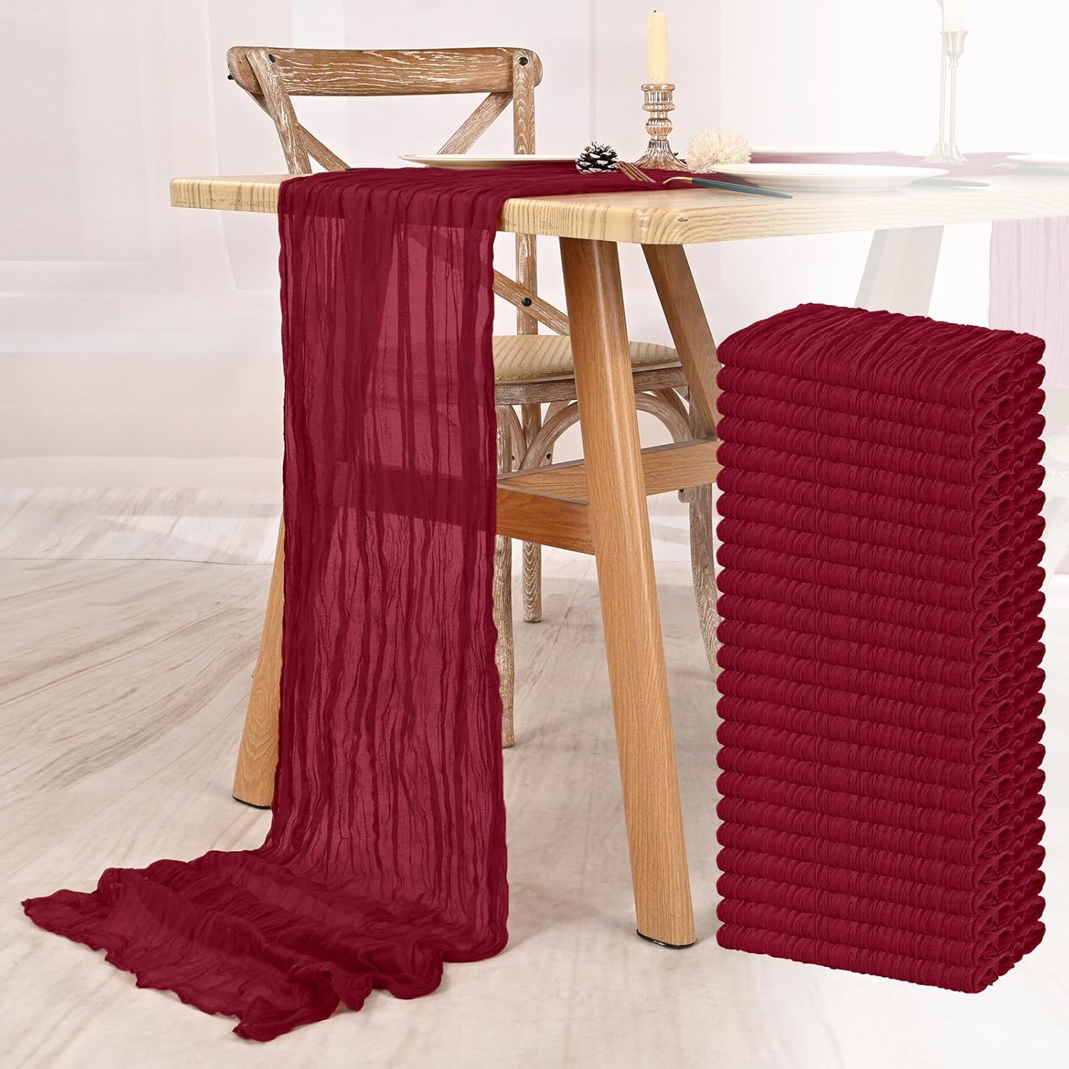 24 Pack Burgundy Cheesecloth Table Runner 10FT Boho Gauze Cheese Cloth Table Runner Rustic Sheer Fabric Table Runners for Wedding Bridal Shower Baby Shower Party(21.5×120 Inch)
