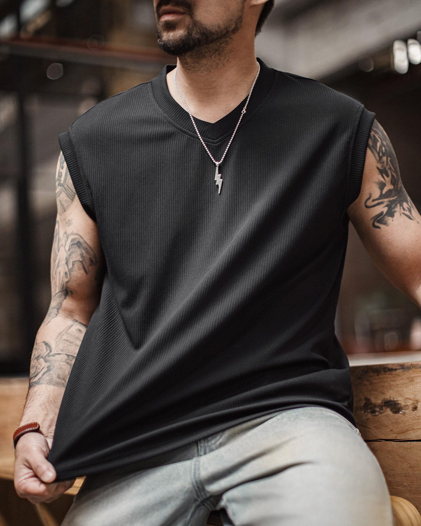Canottiera da uomo a costine senza maniche, vestibilità comoda, scollo a V, maglietta da palestra o streetwear estate