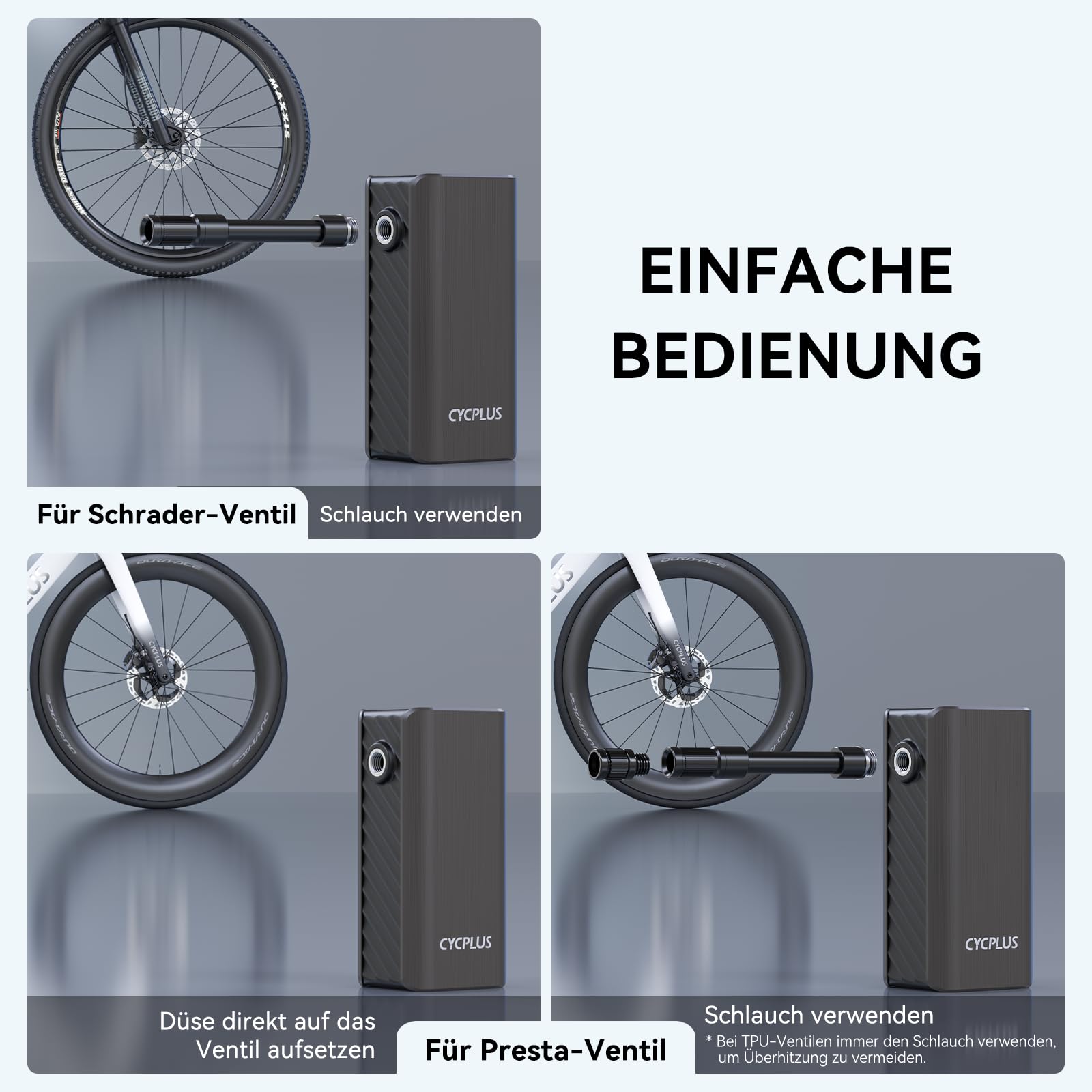 CYCPLUS A3 Mini Elektrische Fahrradpumpe, Tragbare Akku-Luftpumpe bis 120 PSI mit Auto-Stopp, für Presta- und Schrader-Ventile, geeignet für Rennrad, Mountainbike, E-Bike und Motorrad