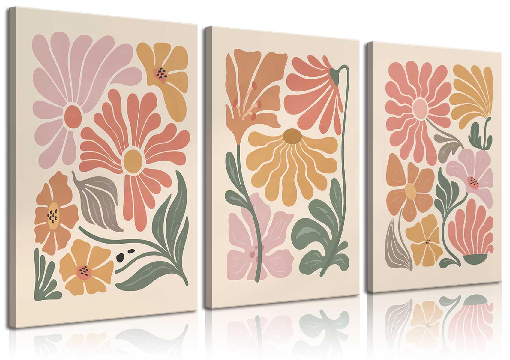 LBARTXY 3Pcs Framed Boho Flowers Canvas Wall Art Abstract Botanical Floral Wall Decor Pictures Neutral Minimalist Terracotta Plant Prints for Living room Bedroom Decoration 12x16in