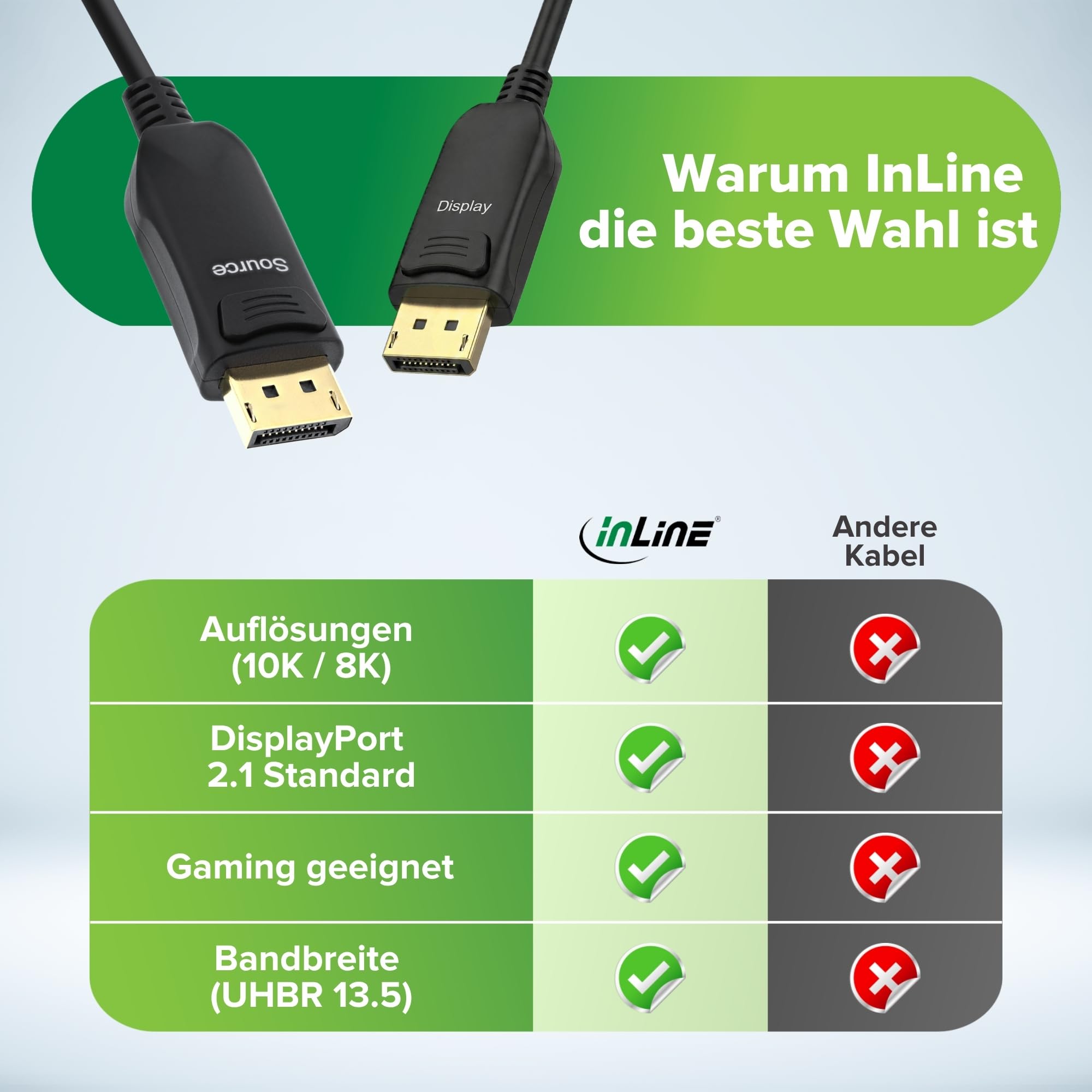 InLine Cavo DisplayPort 2.1 AOC, attivo, UHBR 13.5, 10K/8K/4K, trasmissione senza perdite, con connettori metallici, 10 m, nero, 17210 A