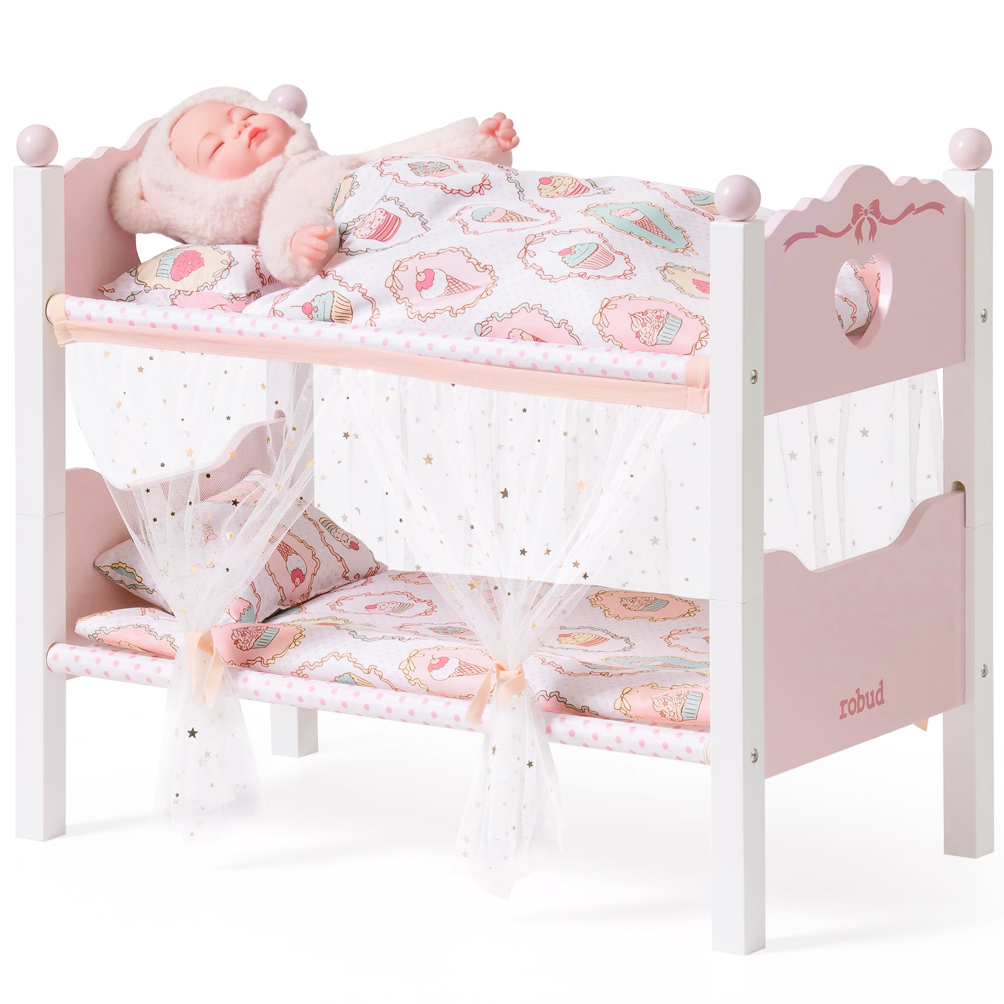 ROBUD Wooden Doll Bunk Bed, 2-in-1 Convertible doll cot with Bedding, Canopy Curtains & Heart Headboard, Baby Crib for 18 Inch, Doll Accessories Gift for Kids Age 10M+, Pink