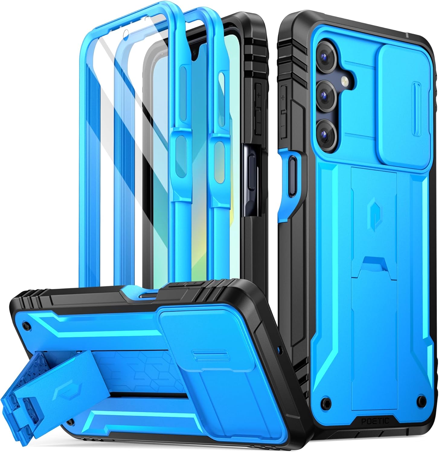 Poetic Revolution Case for Samsung Galaxy A17 / A16 5G, [Slide Camera Cover], [20FT Mil-Grade Drop Tested], Full-Body Rugged Shockproof Cover with Kickstand and Built-in-Screen Protector, Light Blue