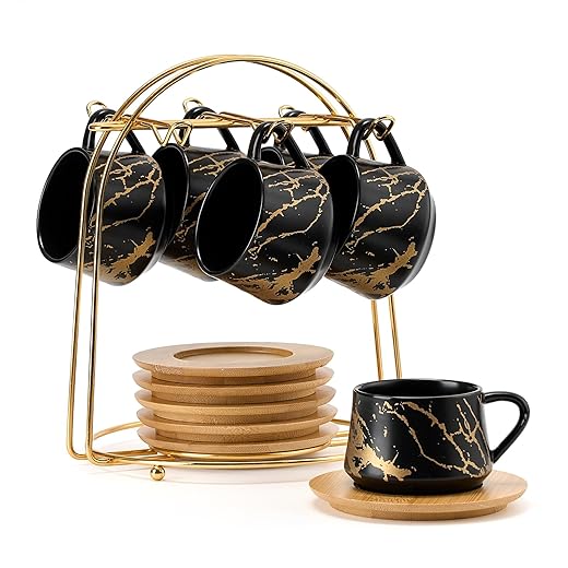 LUKA Ceramic Espresso Cups with Saucers and Metal Stand, Small 4 oz Porcelain Demitasse Cups Set of 6, Cute Cappuccino Coffee Cups for Double Espresso, Tea, Marbling Black