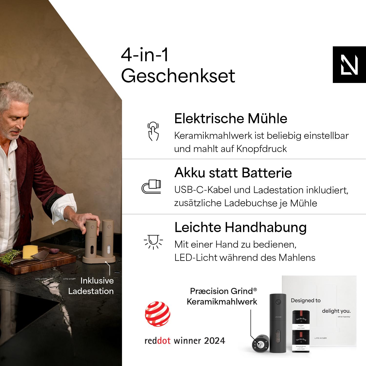 LARS NYSØM Elektrische Gewürzmühlen & Gewürze Geschenkset - Salz- und Pfeffermühlen Set mit 2 hochwertigen Gewürzdosen (Salz, Pfeffer) - Schöne Geschenkbox (Carbon Black)
