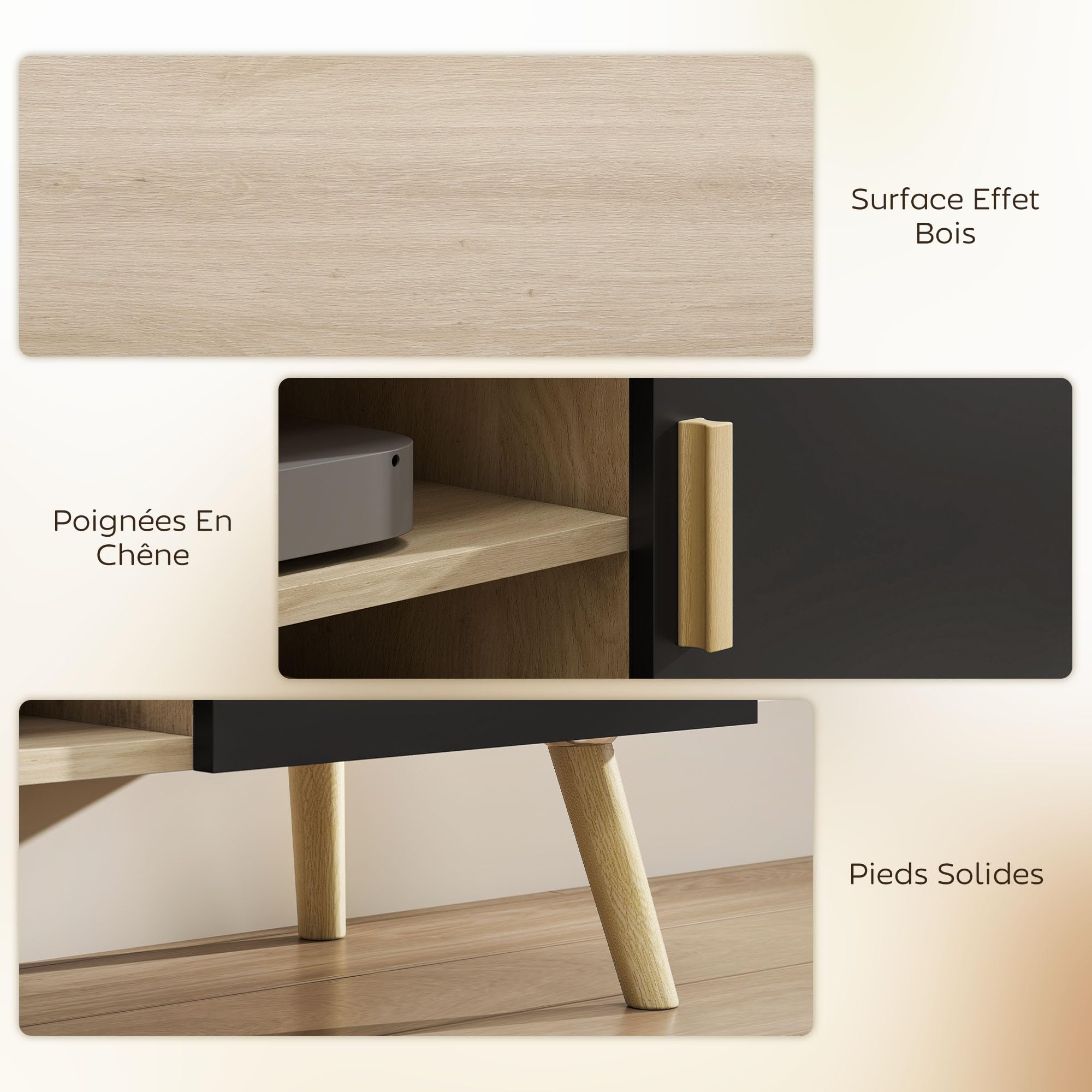 HOMCOM Meuble TV Meuble télé Bois Banc TV jusqu'à 50 Pouces avec étagères, 2 placards et Passe-câbles pour Salon, Chambre à Coucher, 110 x 36,2 x 42 cm, chêne et Noir