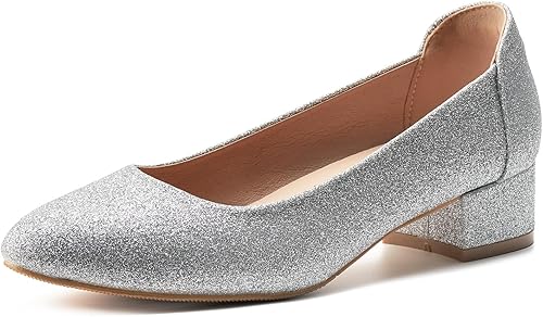 hingswink Womens Black Silver White Pumps for Women 1.4 Inch Shoes for Women Low Heel Closed Toe Dress Shoes for Women Comfortable Dressy Low Heel