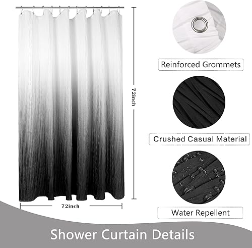 Miniatura 4 de Juego de cortinas de ducha negras con ganchos, cortinas de ducha negras degradadas para baño, forro de cortina de ducha de tela texturizada, 72 x 72