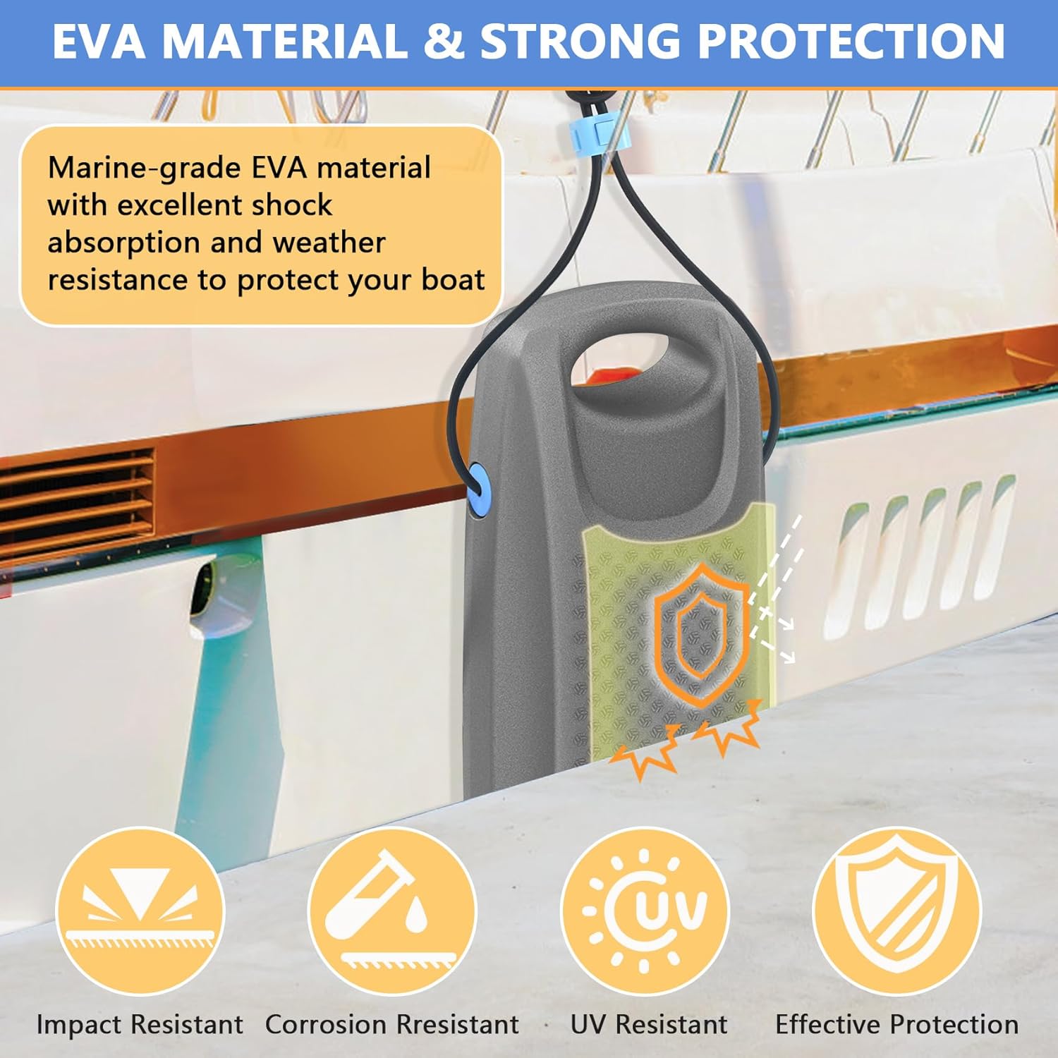 Boat Fenders 22inx8in,Boat Bumpers for Docking,EVA Bumper Fenders with Elastic Cords and Fixed Locks for Yachts,Bass,Fishing,Pontoon Boat(Gray/Black/Blue)