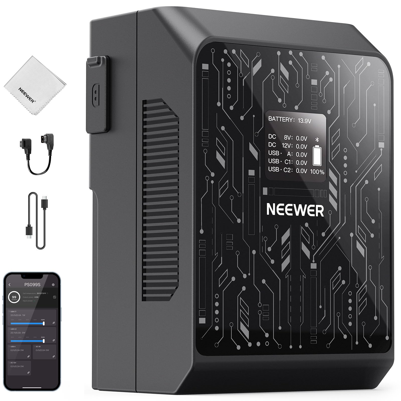 NEEWER Mini V Mount Battery Smart APP Steuerung 6800mAh 99Wh 100W PD Schnellladung mit OLED/Reinigungstuch Backup Stromversorgung Kompatibel mit BMPCC 4k 6k Camcorder Kamera Monitor Videolicht, PS099S
