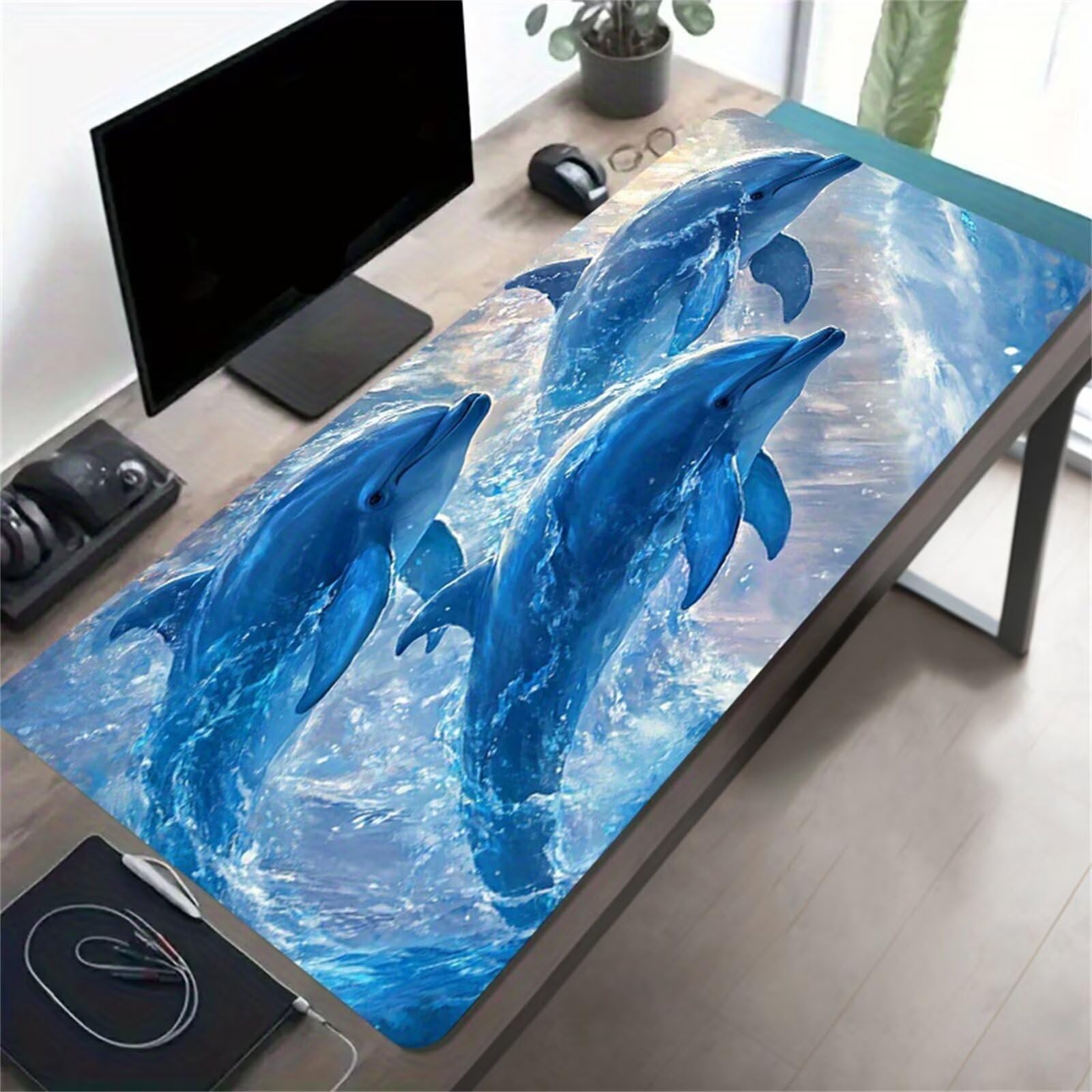 Tappetino per Mouse da Gioco XXL 1200x600x3 mm, Desk Pad Grande con Bordi Cuciti, Base in Gomma Antiscivolo, Accessorio per Ufficio e PC (Delfino Blu)