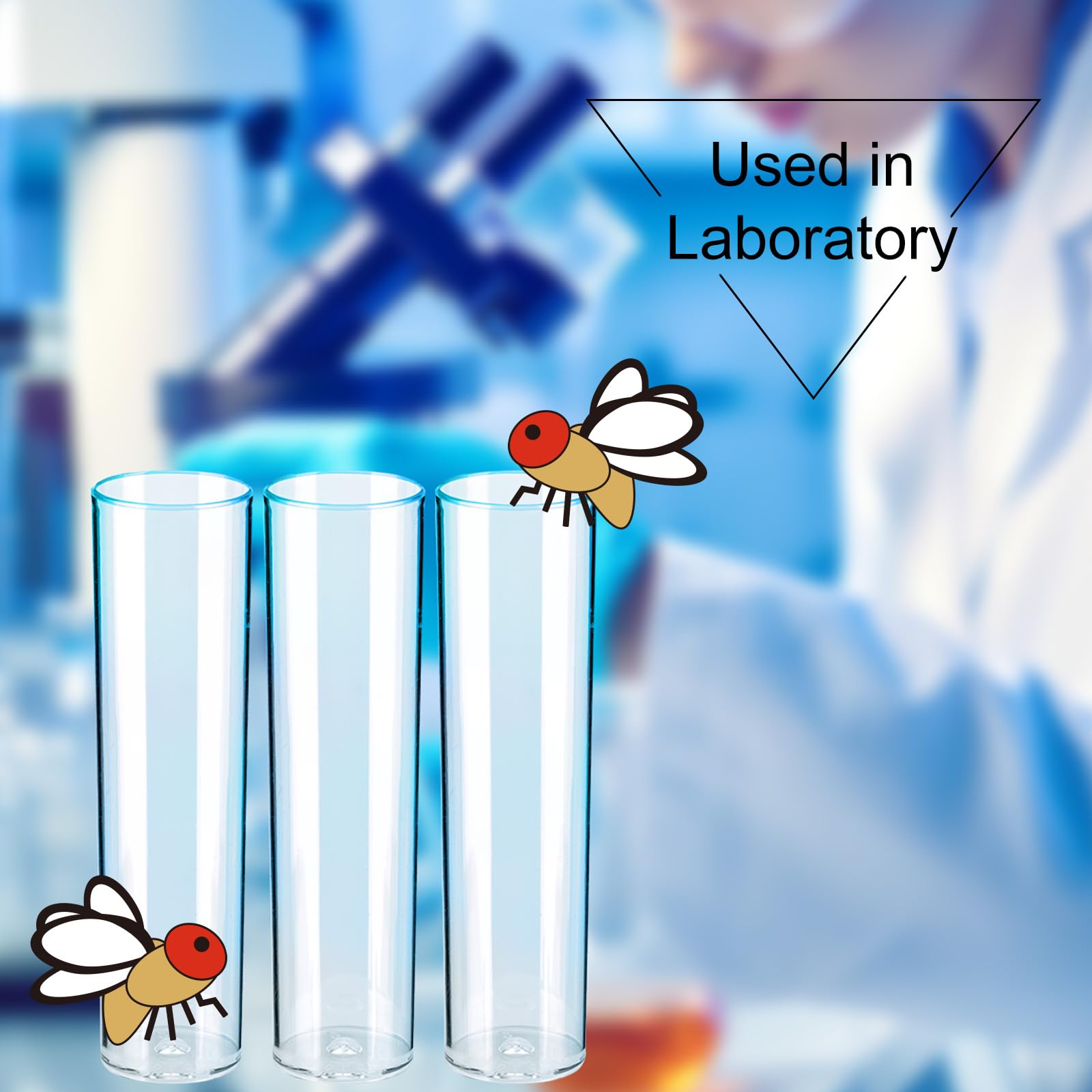500 tubos Drosophila con bandeja, 28,5 × 95 mm, cría de Drosophila, tubos de ensayo de plástico, fondo plano, poliestireno, para laboratorio Drosophila, 100/bandeja