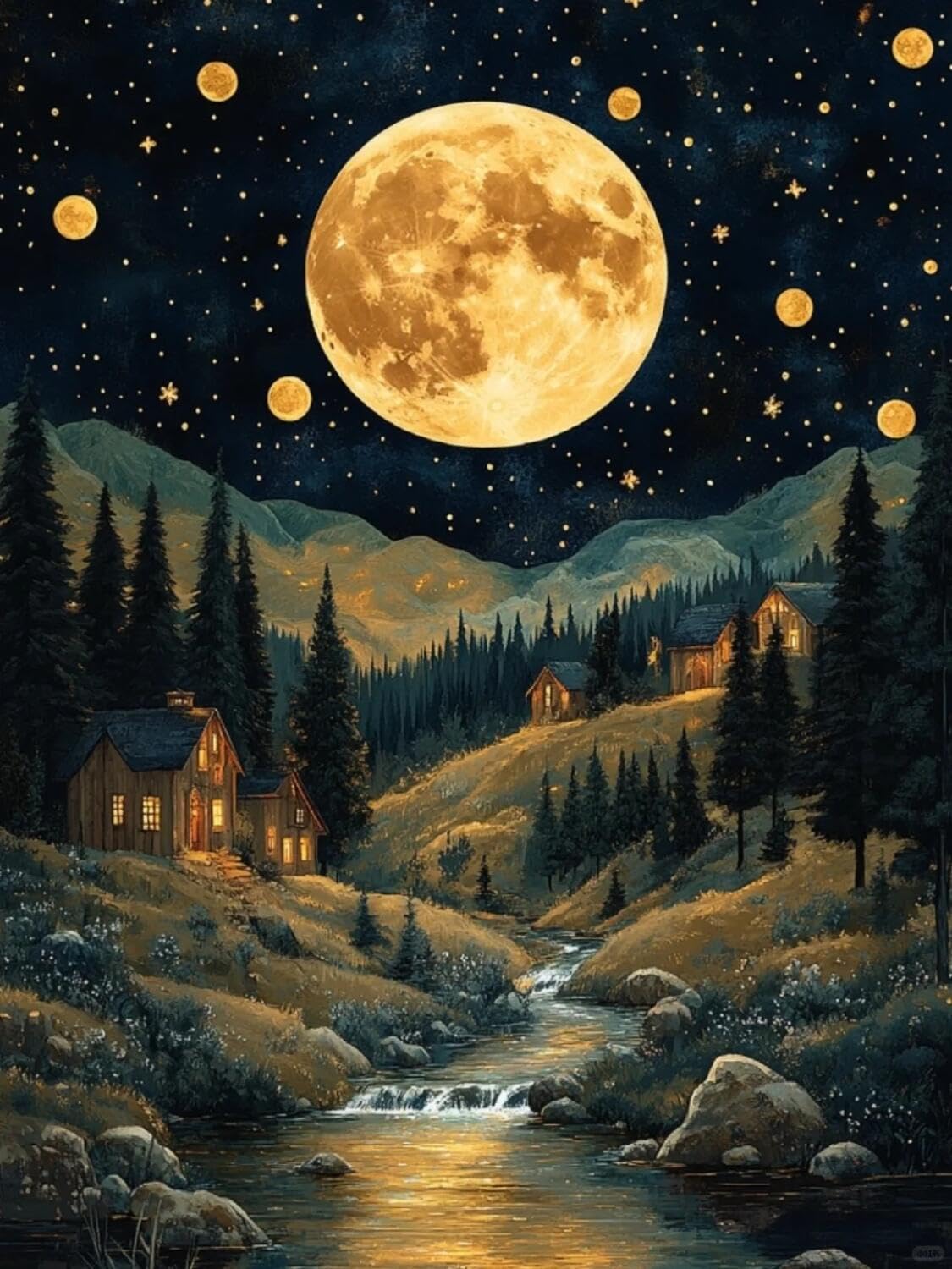 Rqwybcaxn Stamped Beaded Cross Stitch Kits Forest and Starry Sky 40x50cm