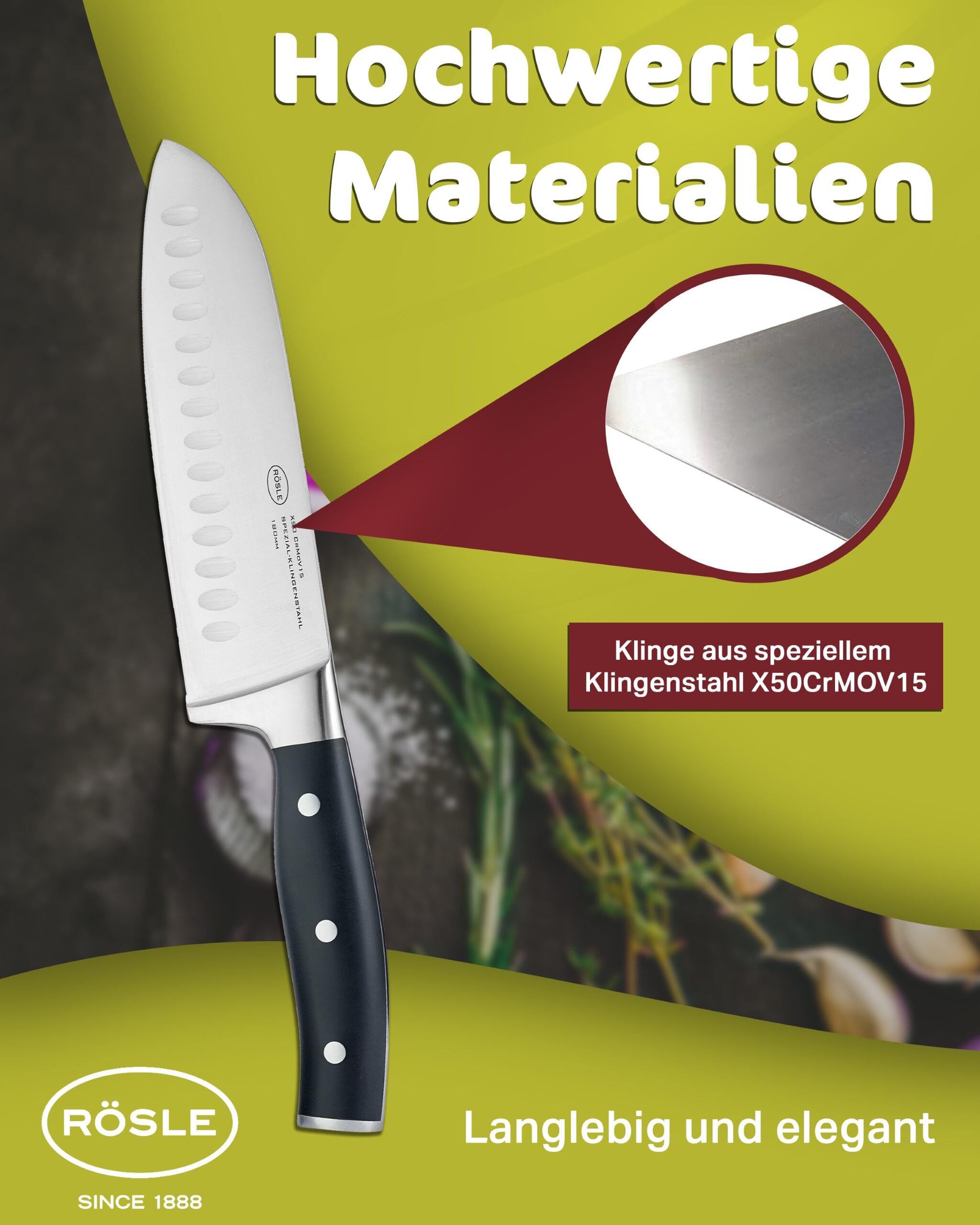 RÖSLE Coltello da chef Tradition per tagliare carne, pesce, pollame e verdura, di alta qualità, con lama dritta in acciaio speciale per lame e manico in resina acetalica nera, protezione per dita
