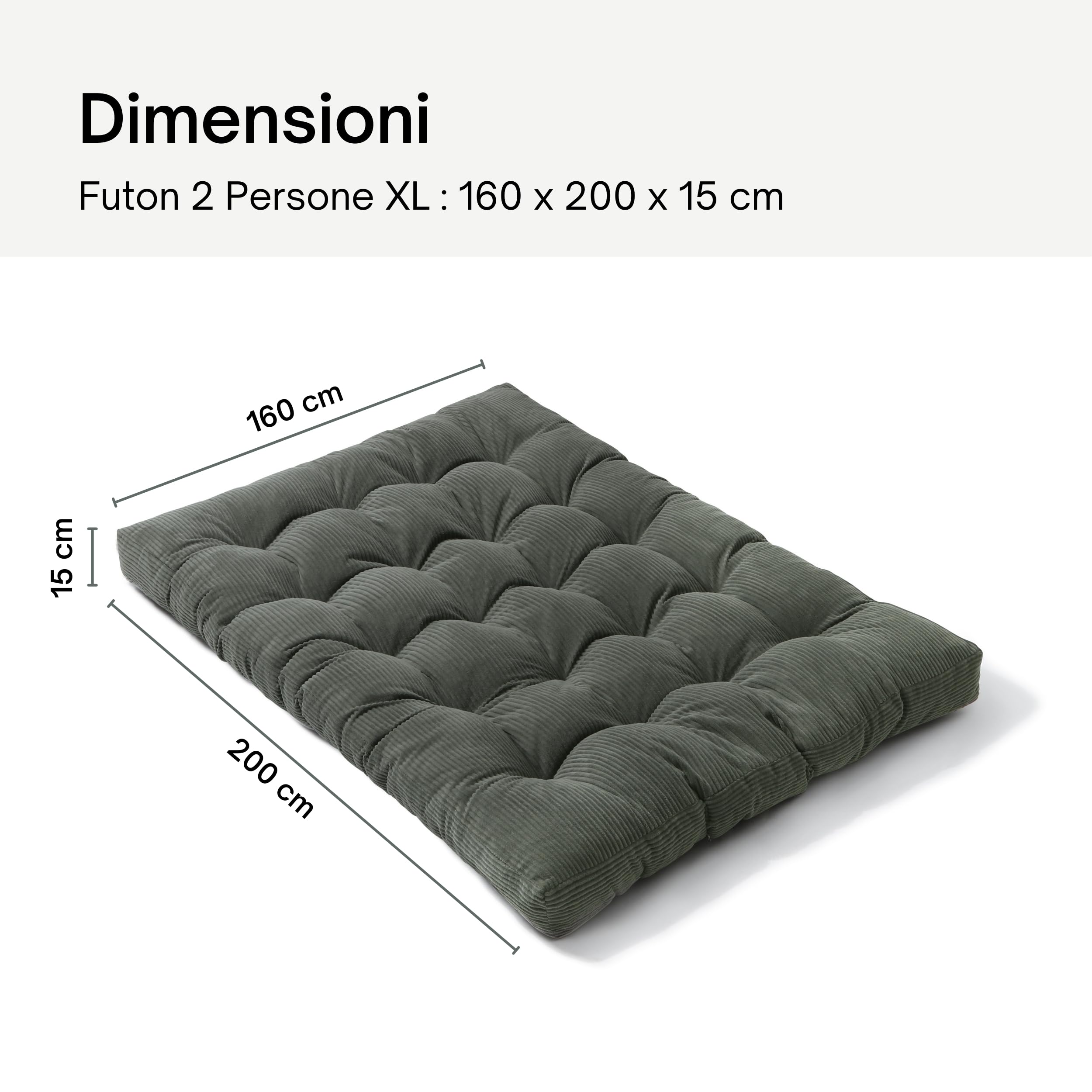 bananair - Futon Giapponese per 2 Persone, Comodo e Spesso, Imbottitura in Schiuma - Velluto a Coste Larghe Morbido ed Elegante - Con Cinghie, Materasso Pieghevole Pratico (160x200 cm, Grigio Scuro)