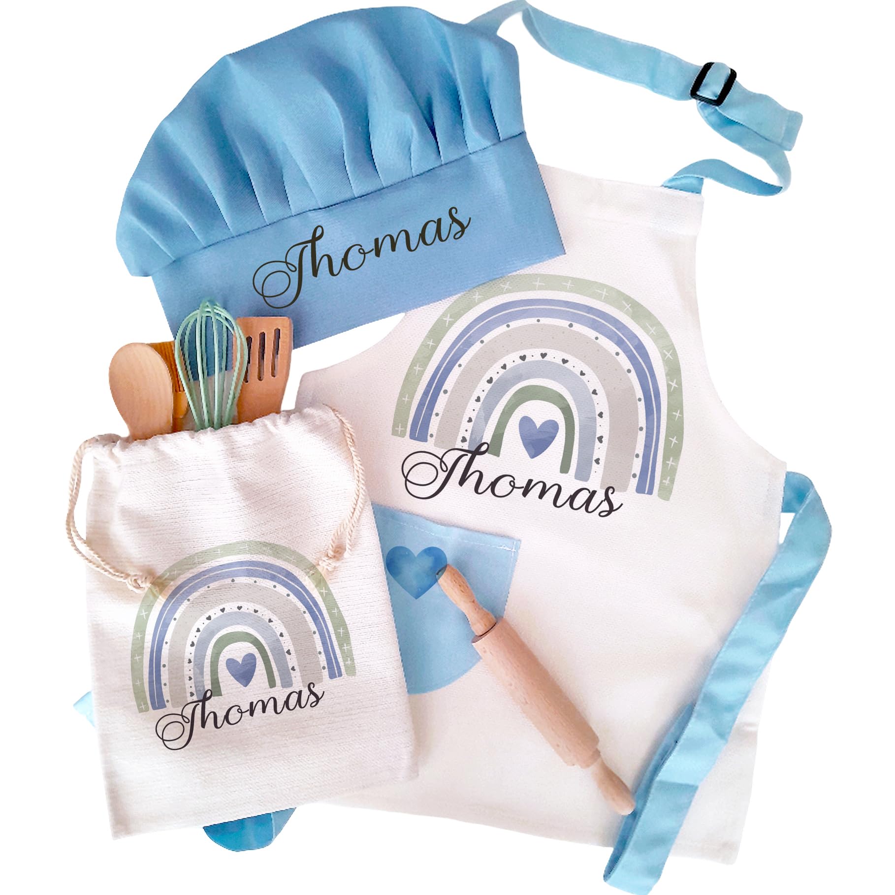 Personalised Kids Apron Bespoke Custom Name Blue Rainbow Bridge Theme Linen Aprons Chef's Hat Boy Baking Set Print Cooking Kitchen Pinafore Chef Special Christmas Keepsake Children Gift Idea