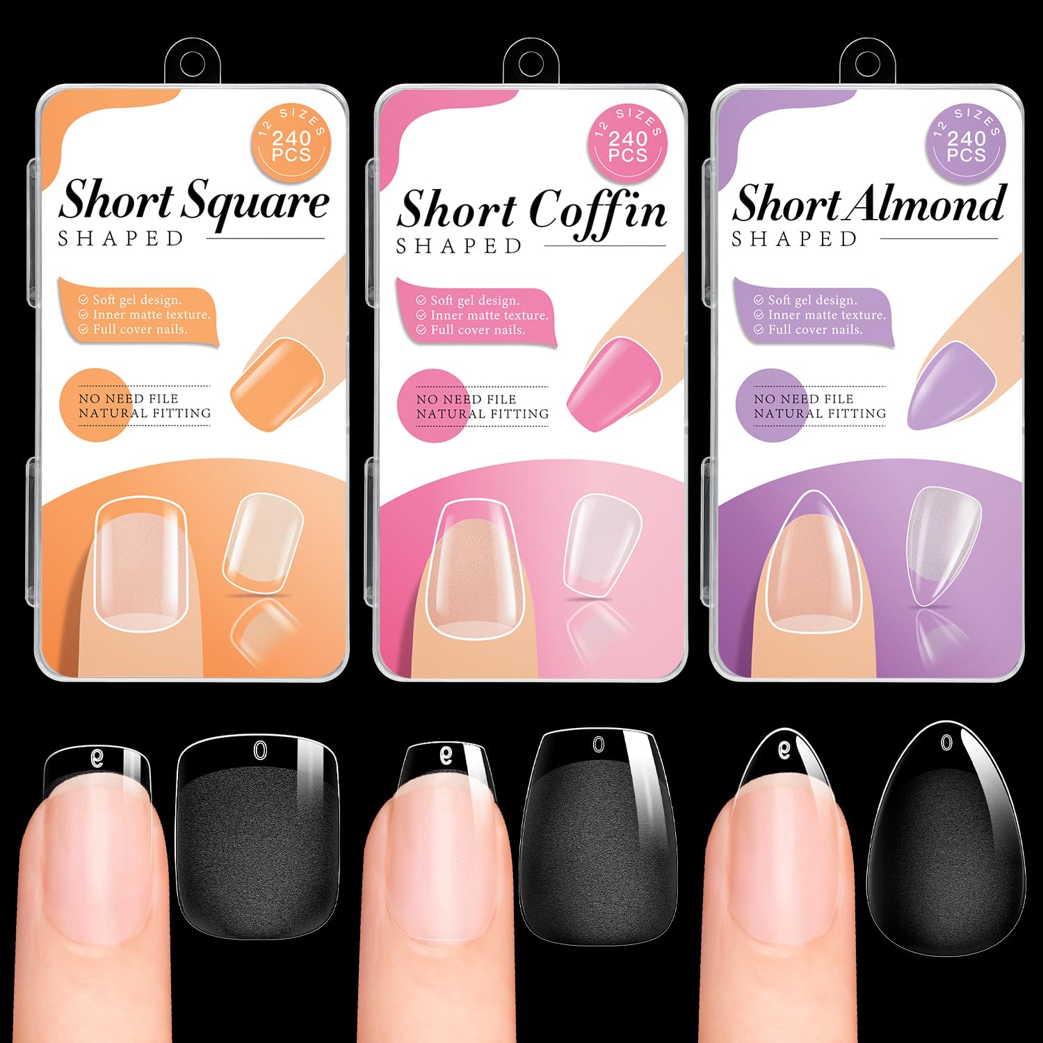 krofaue 3 Styles Short Nail Tips Kit - 720PCS Half Matte Coffin, Almond, Square Fake Nails Full Cover Press on Extension for Soft Gel Tips Set Art DIY Home