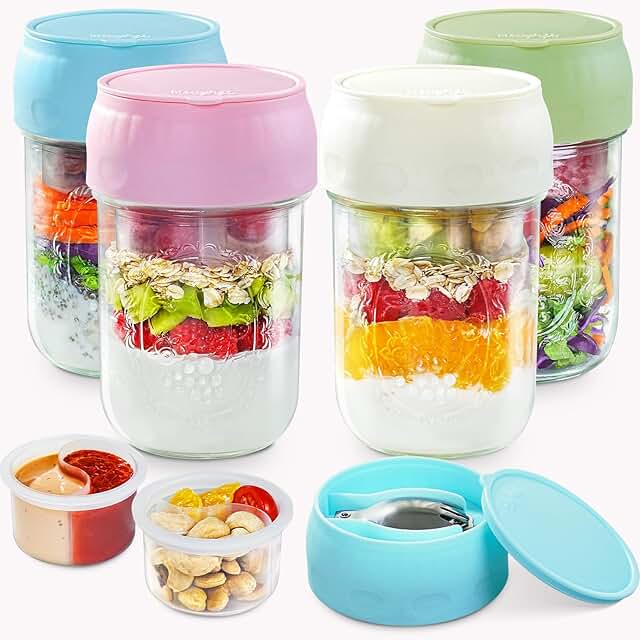 Overnight Oats Containers with Lids, 4-Pack Glass Mason Jars 16 oz with ...