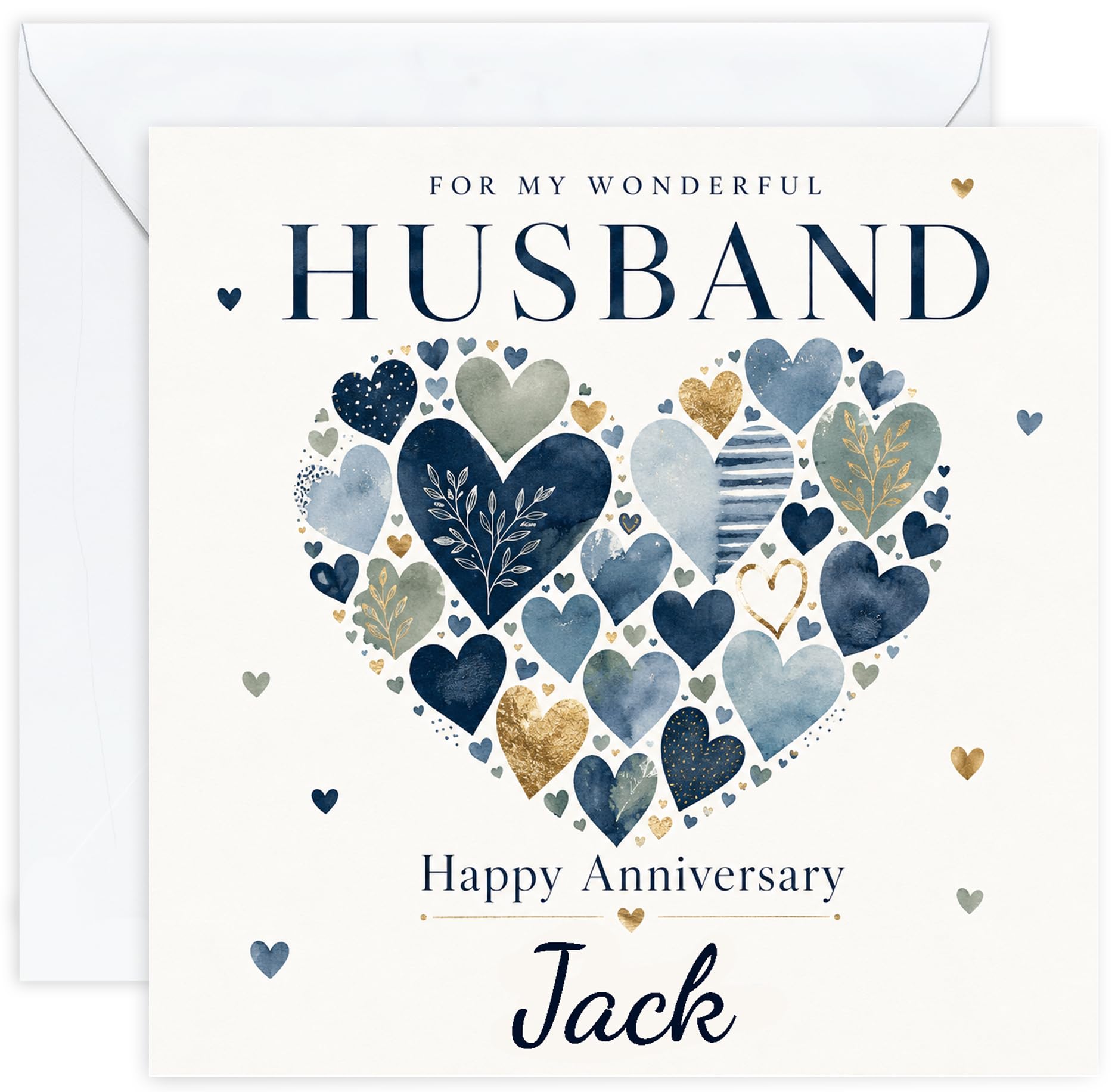 Personalised Anniversary Card for Husband | Navy Blue Heart Collage Card for Him | Add His Name | Modern Husband Anniversary Card with Optional Inside Message (Design 07)