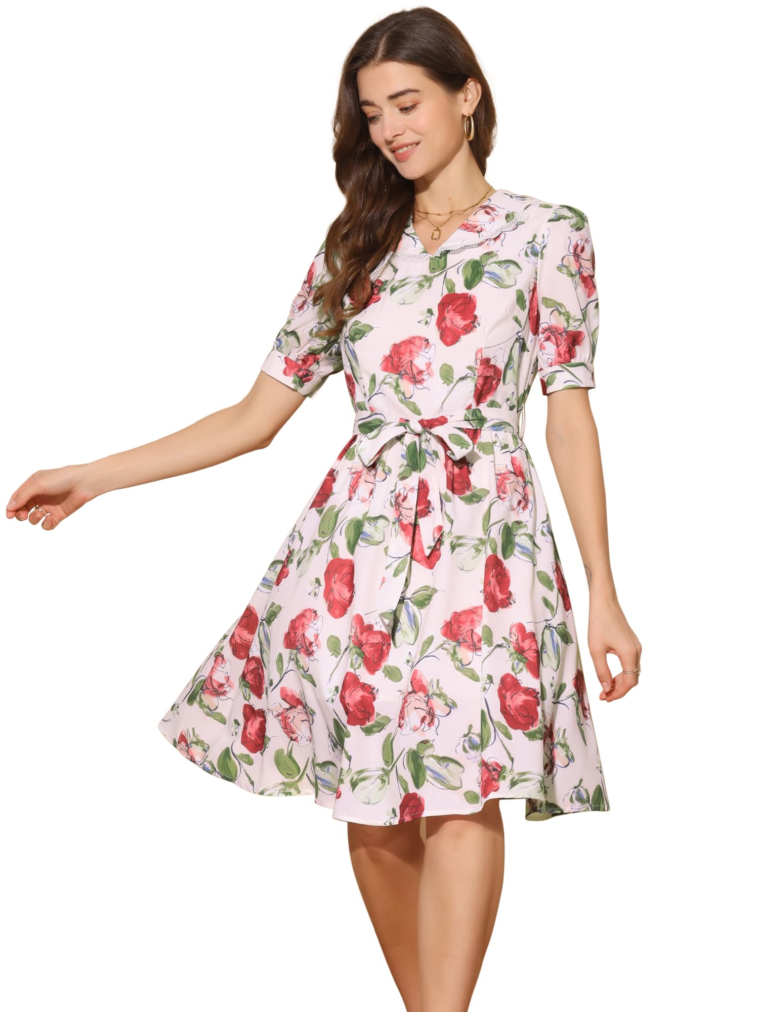Allegra K Womens Vintage Peter Pan Collar Flowy Midi Floral Dress