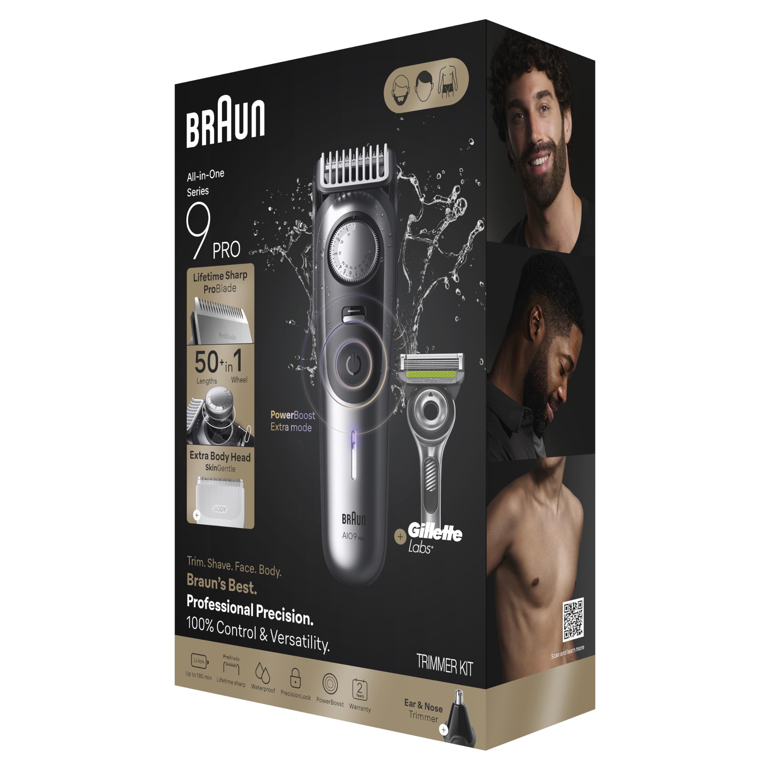 Braun Series 9 PRO All-in-One Beard & Body Grooming Kit for Men, Cordless Trimmer, Hair Clippers & Shaver for Face, Hair & Body with Gillette Labs Razor, AIO 9550