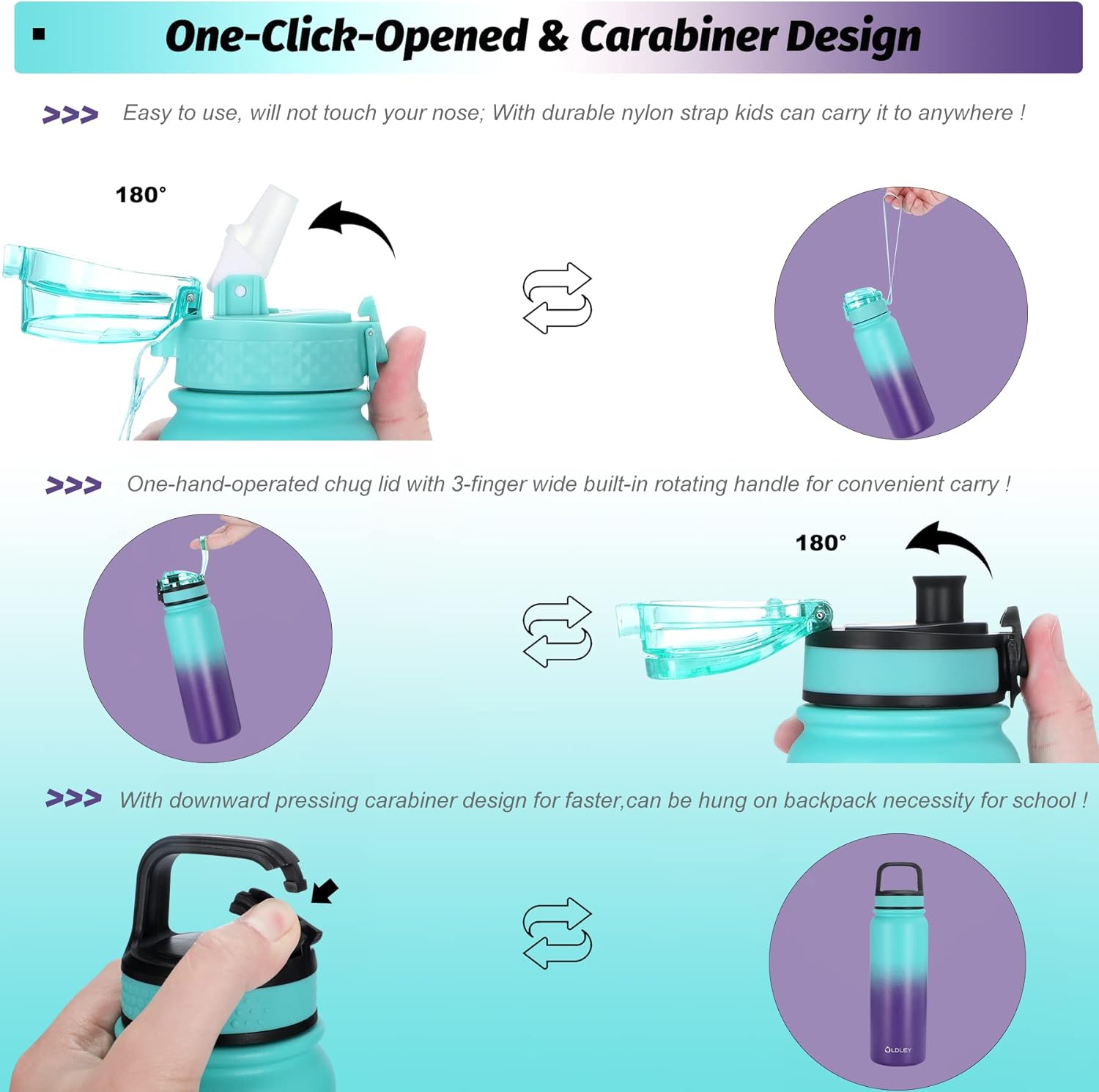 Oldley Insulated Water Bottle with Straw 20oz Stainless Steel Water Bottles with 3 lids Double-Wall Vacuum Thermal for Kids Adults School Sports, A-Green-purple - Image 3