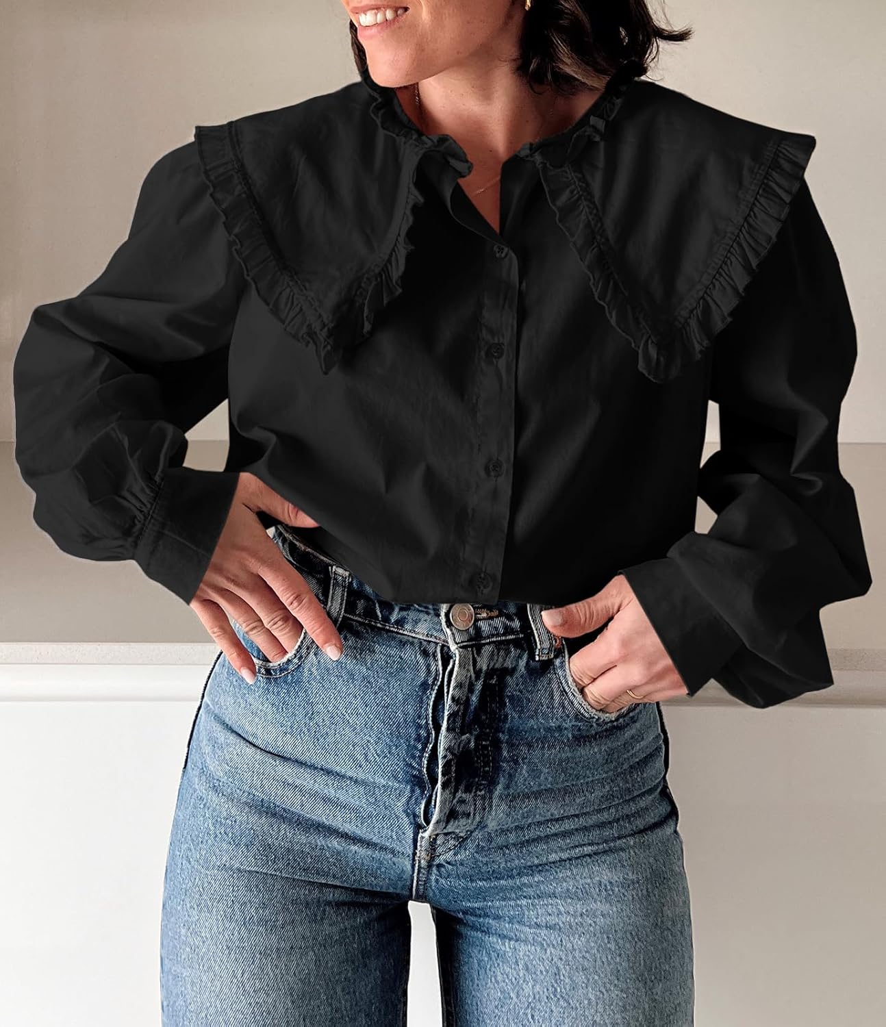 Tankaneo Womens Button Down Shirts Cotton Puff Sleeve Babydoll Blouse Fall Casual Doll Collar Tops - Image 3