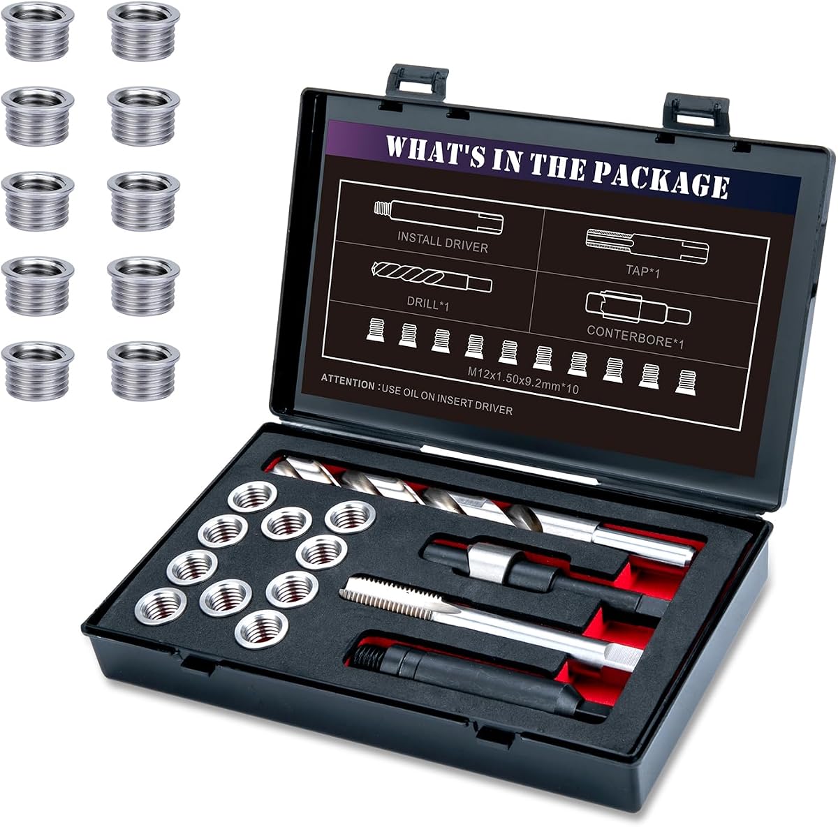 Kit de reparación de roscas M12X1.5 con inserto HSS, macho de roscar, avellanador, controlador de instalación, métrico, 10 piezas de inserto de acero inoxidable M12X1.5X9.2MM