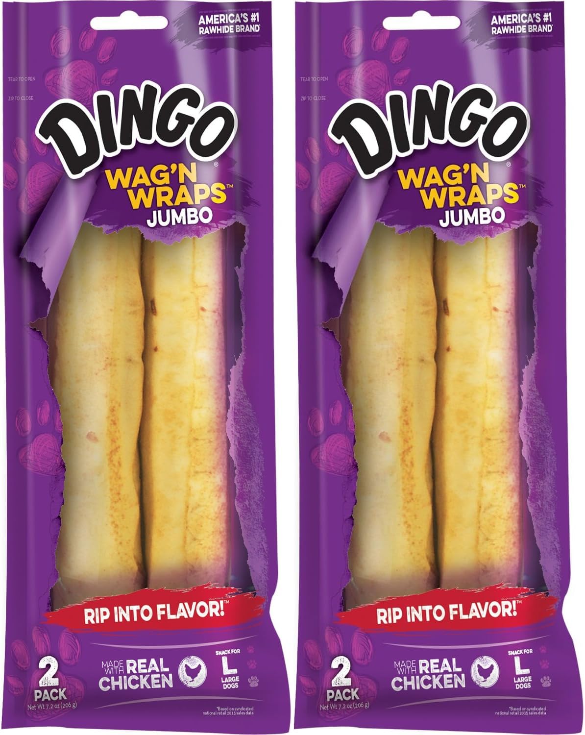 Dingo Wag’n Wraps Jumbo 2 Count, Made with Real Chicken, Rawhide Snack for Large Dogs, (Pack of 2)