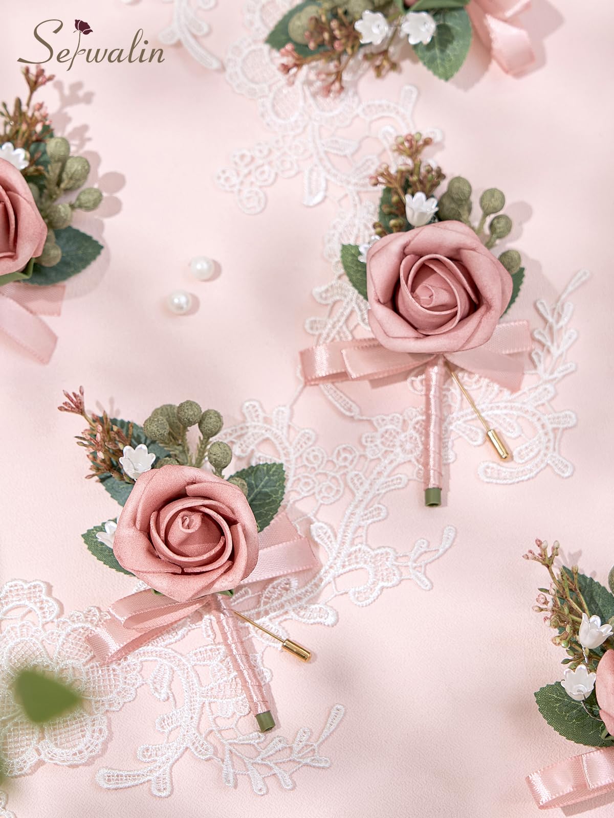 Serwalin Boutonniere rosa per matrimonio da uomo, set da 10
